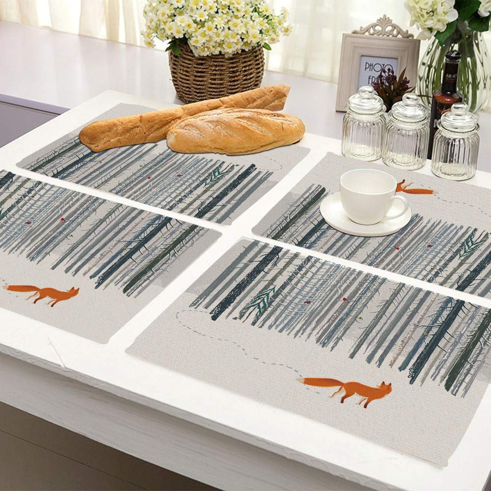 Fox Placemats Set of 4, Winter Forest Landscape Fox Bird Placemats Heat Resistant for Dining Table Non-Slip 18x12 Inches