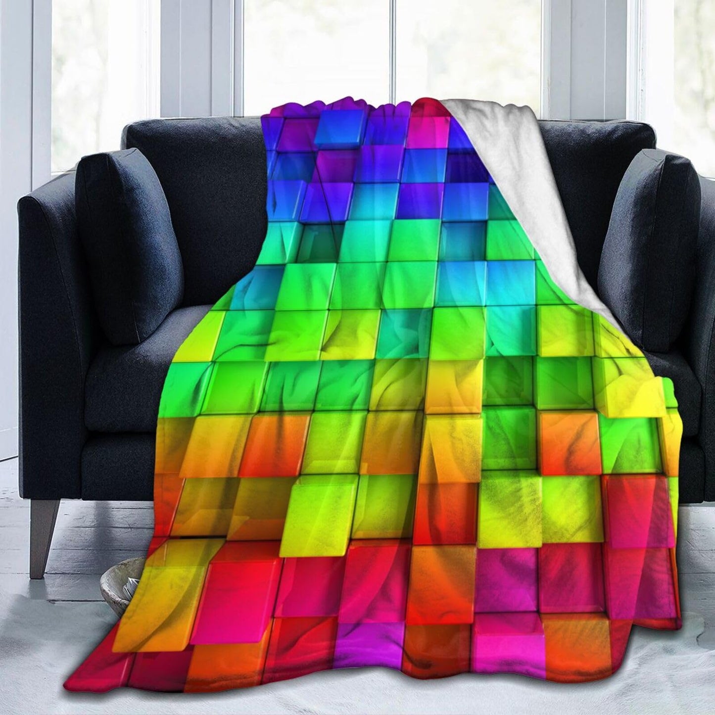 Gbuzozie Rainbow Colorful Boxes Pattern Fleece Blanket Lightweight Ultra-Soft Throw Blanket for Sofa Couch Bed Camping Travel - Super Soft Cozy Microfiber Blanket 50"X40"