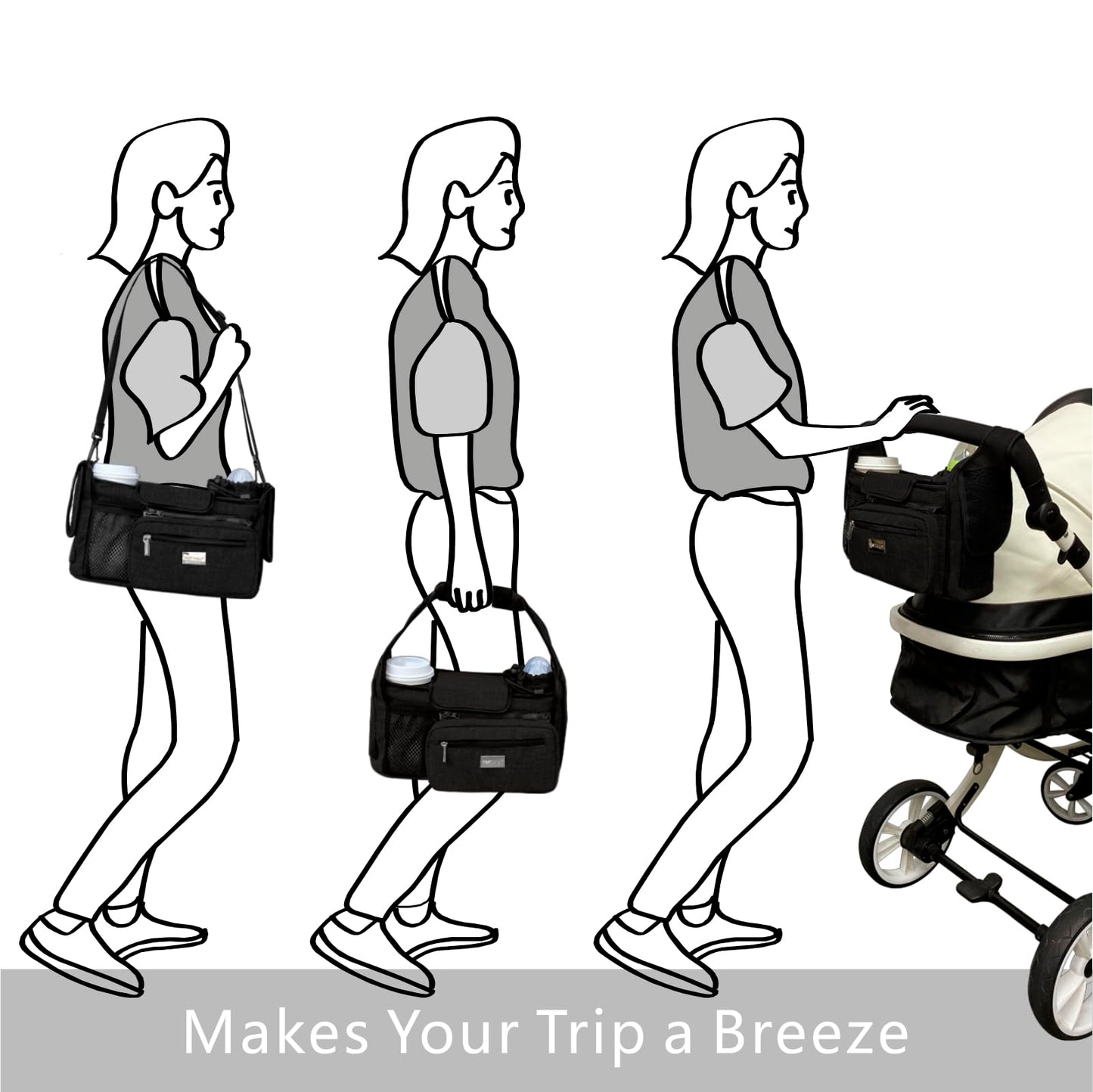 TOPDesign Universal Baby Stroller Organizer, Stroller Caddy with Detachable Mesh Bag & Heightened Insulated Cup Holders & Non-Slip Secure Hooks Accessories, Fits Most Strollers (Black)