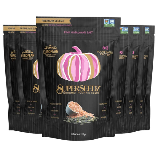 SuperSeedz Dry Roasted Pumpkin Seeds with Pink Himalayan Sea Salt - Pepitas, Whole 30, Vegan, Keto, 7g Plant Based Protein, Produced in USA, Nut Free, Fresh Gluten Free Snack (4oz, 6-pack)