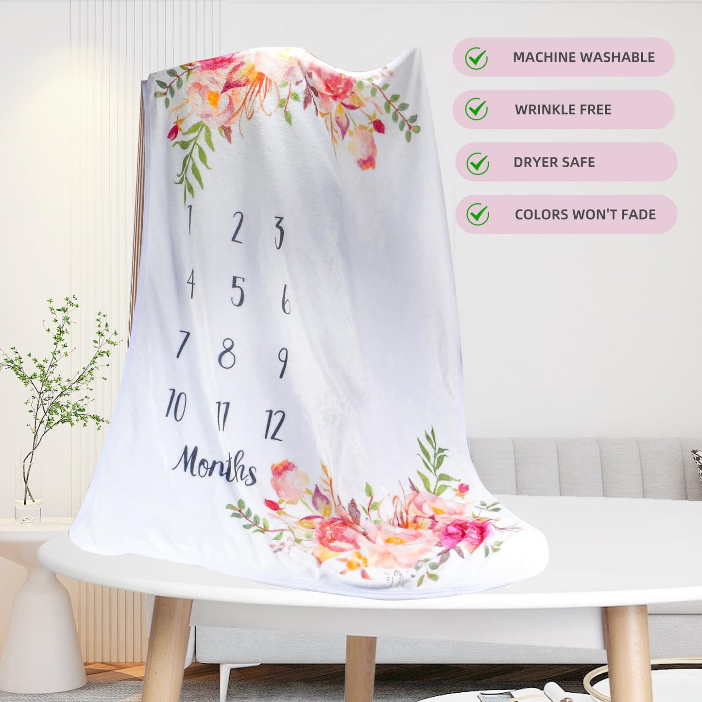 Baby Monthly Milestone Blanket for Boy Girl Soft Floral Memory Blanket Newborn Growth Chart Milestone Blanket Cute Photo Background Blanket with Wreath (51x40In)