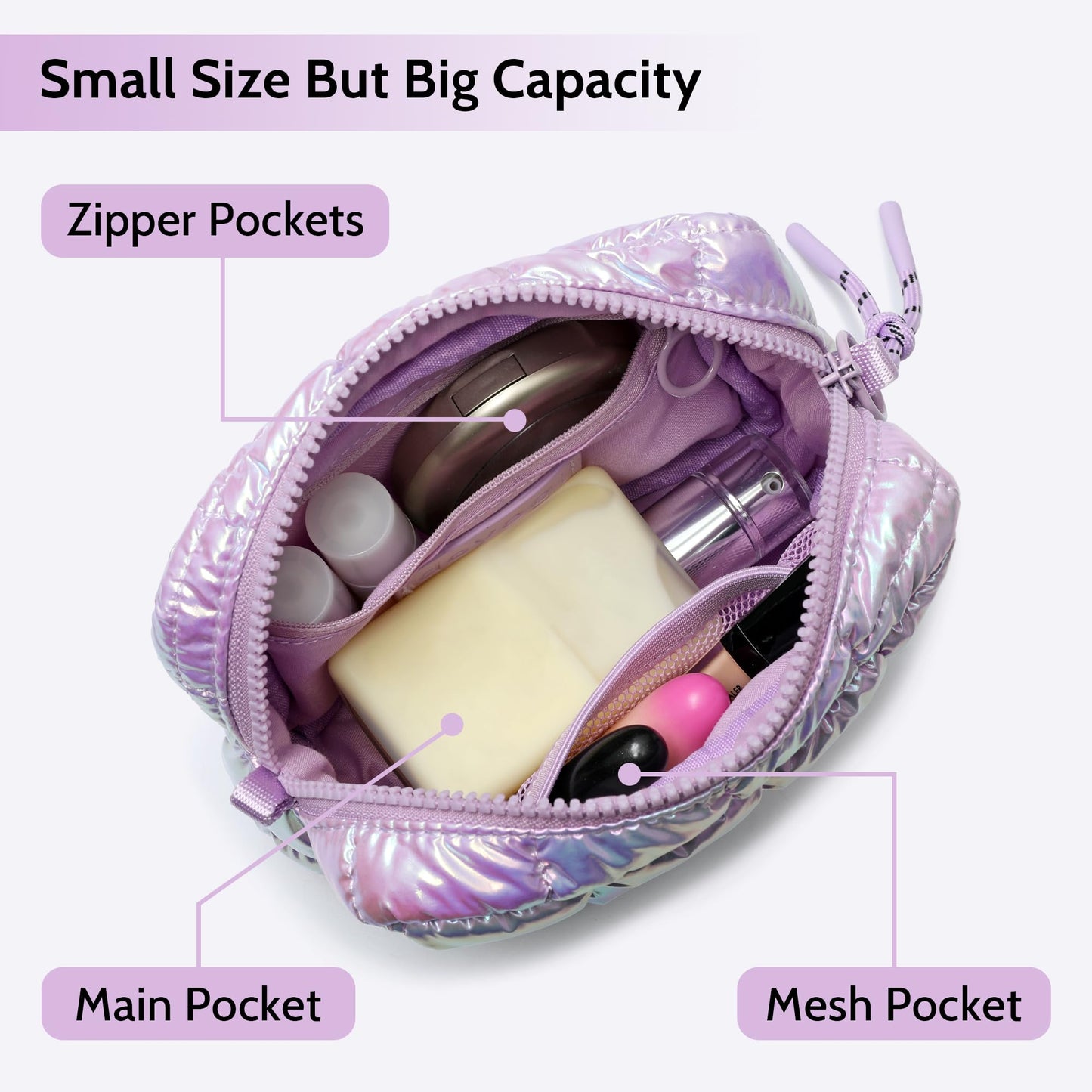 DOYOGI Quilted Cosmetic Bag, Puffer Makeup Bags, Crossbody Purses for women,Cute Travel Toiletry Bag for Women (Dazzling Light Purple)