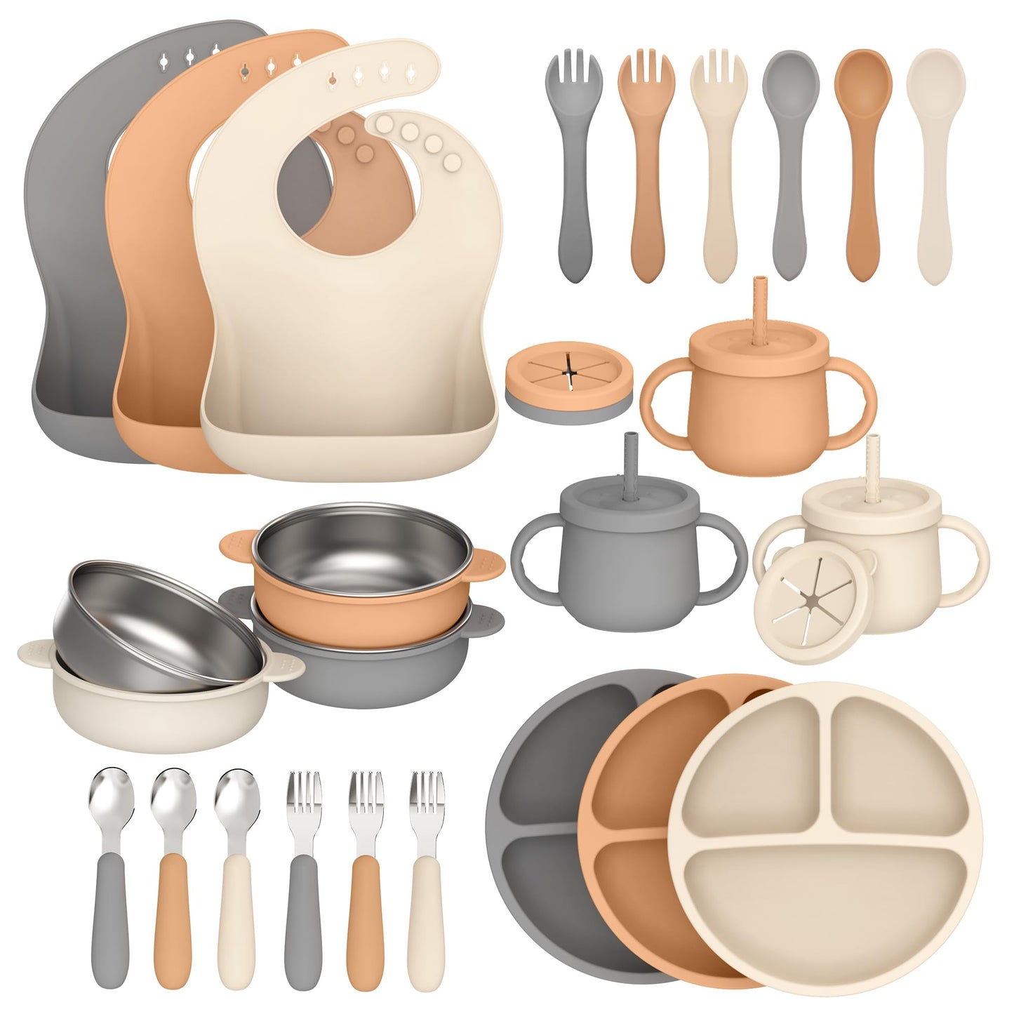 27 Pack Silicone Baby Feeding Set, Hepotk BPA-Free Food Grade Baby Feeding Essentials Utensils, Second Stage Baby Food Eating Utensils, Set of 3 babies(Brown, Beige, Grey)