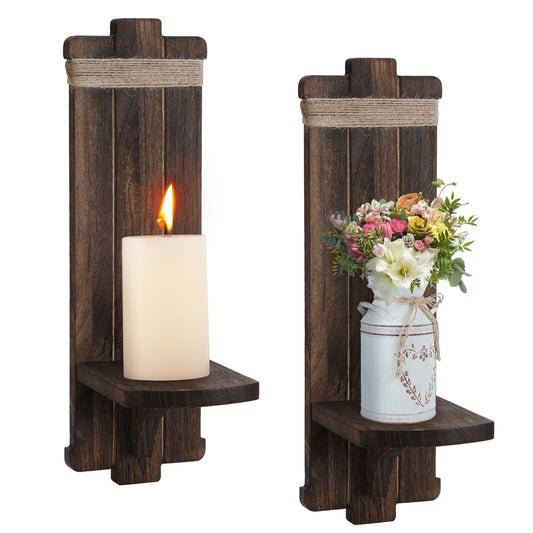 Farmhouse Wall Decor Candle Sconces - 2 Pcs Vintage Rustic Handmade Wooden Wall-Mount Candle Holders for Bedroom Living Room Bathroom Home Hanging Art Decorations Accessories Gifts, Brown