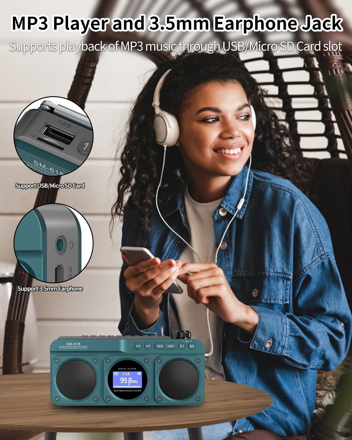 SEMIER Small Digital FM Radio Bluetooth Speaker, Handheld Rechargeable Radio Wireless Speaker, LCD Display, Double Speakers, Headphone Jack, Support USB/Micro SD Card MP3 Play for Home Outdoor