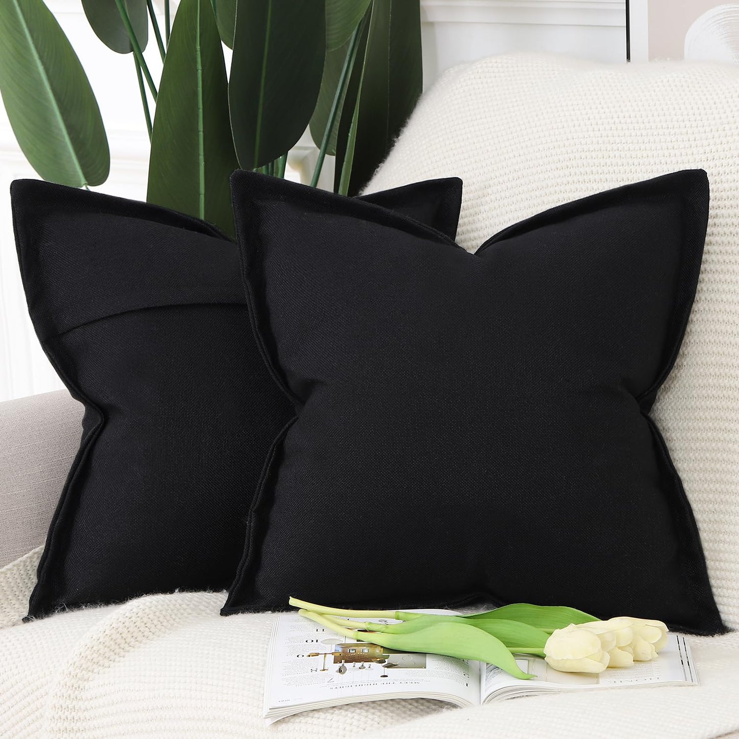 MADIZZ Set of 2 Linen Throw Pillow Covers with Broad Edge Soft Boho Decorative Pillow Cases for Sofa Bedroom Modern Pillow Shell 18x18 Inch Black