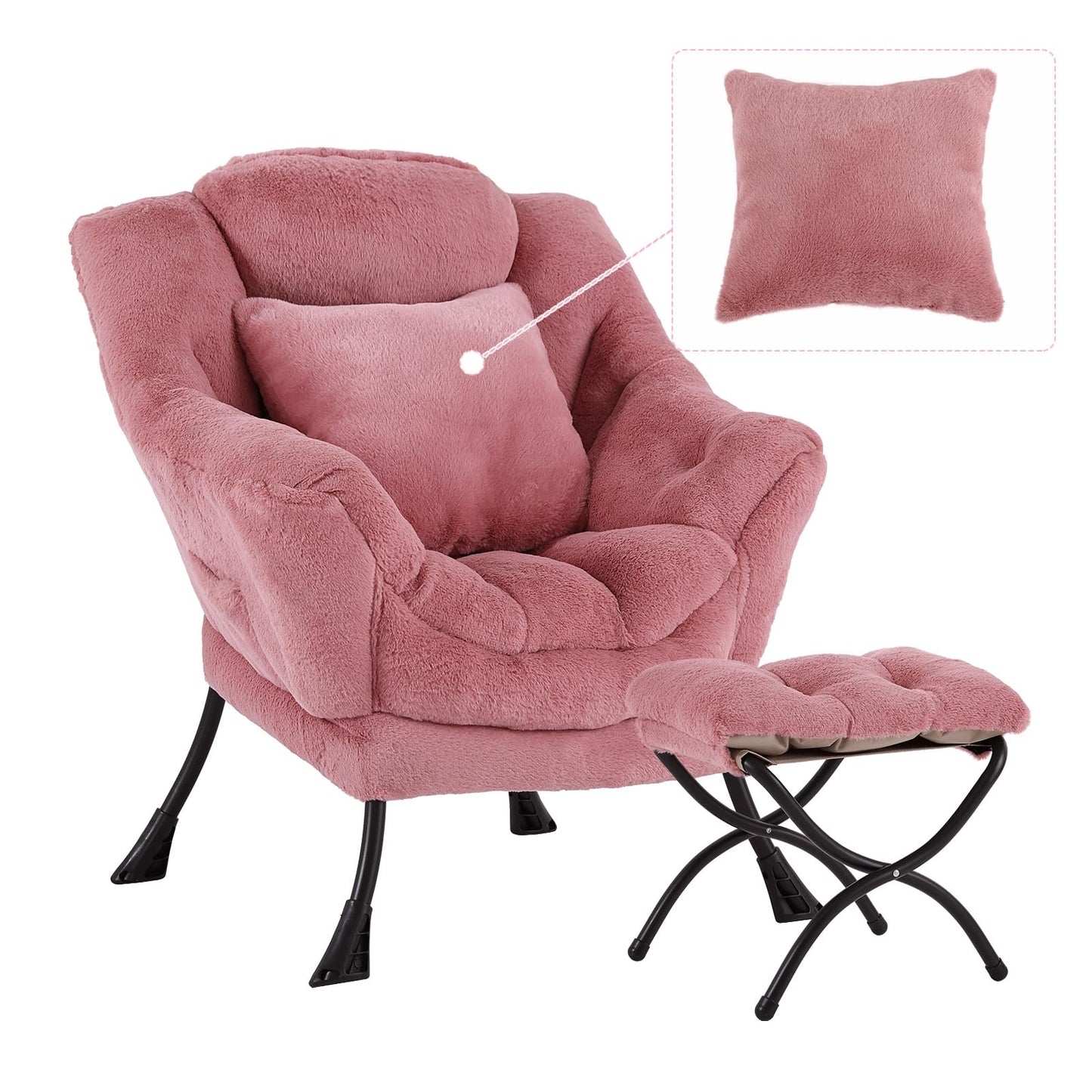 YOTATING Lazy Chair with Ottoman, Comfy Reading Lounge Chair with Footstool & Throw Pillow Modern with Armrests & Side Pocket for Living Room, Bedroom, Dorm Room, Plush Dark Pink