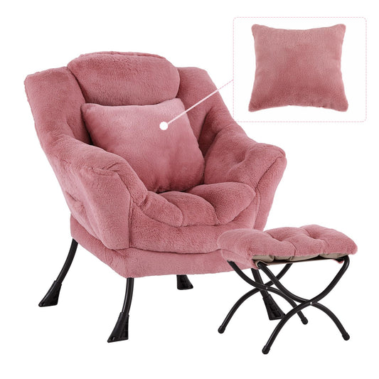 YOTATING Lazy Chair with Ottoman, Comfy Reading Lounge Chair with Footstool & Throw Pillow Modern with Armrests & Side Pocket for Living Room, Bedroom, Dorm Room, Plush Dark Pink