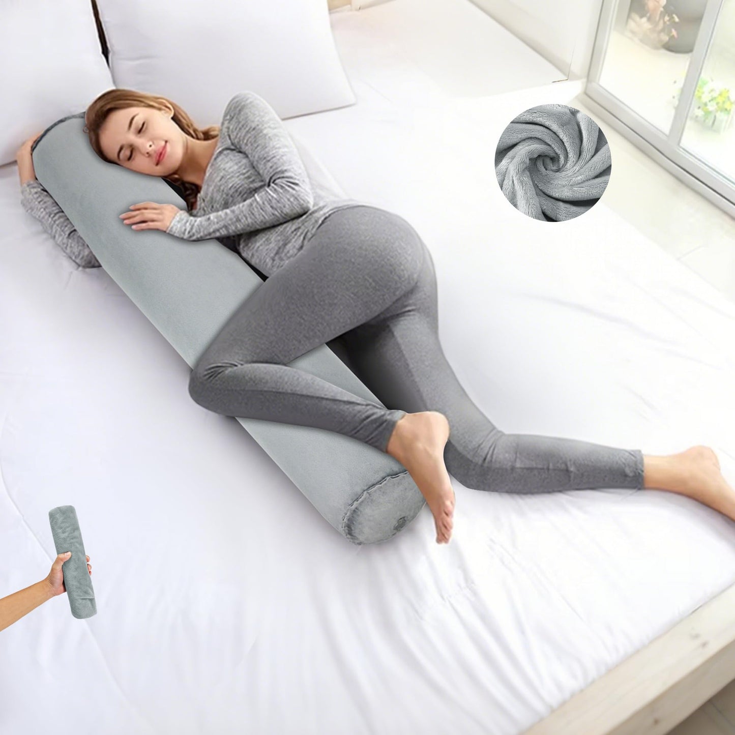 YEEKORO Long Body Pillow for Adults, Inflatable Full Body Pillow, Multifunctional Side Sleeper Pillows, Round Bolster Pillow for Bed (Grey, 120cm/47.24inch)