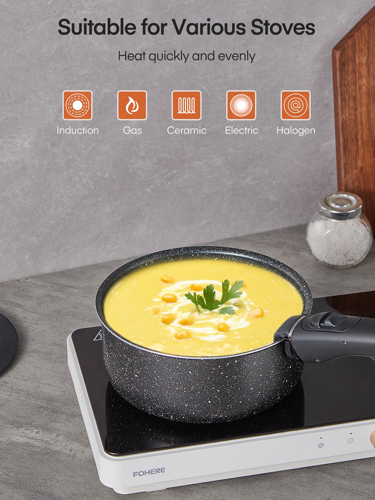 FOHERE 8pcs Pots and Pans Set with 2 Detachable Handles, Aluminum Nonstick Cookware Set, Induction Pan Set, RV Cookware Set, Oven Safe, Stackable