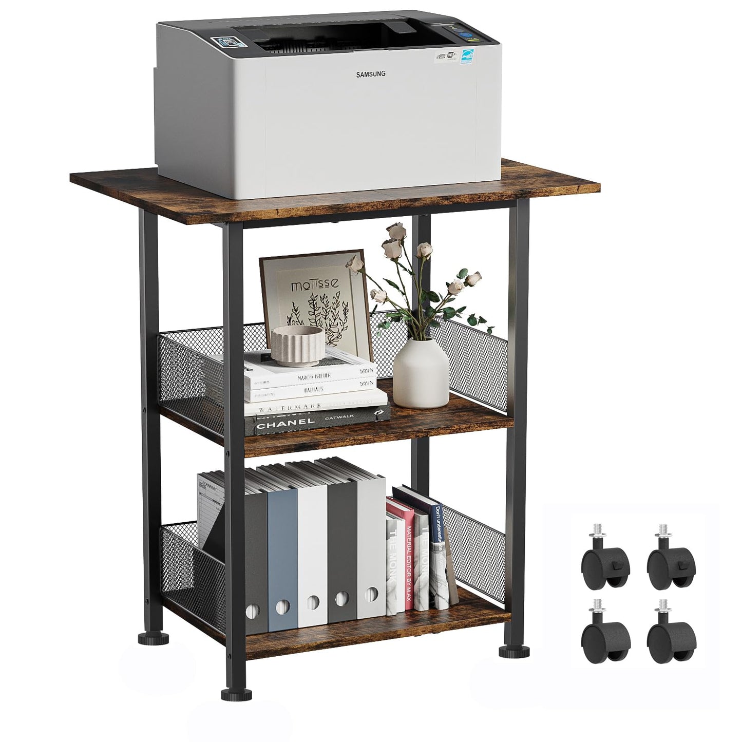 BOHDK Printer Stand, 3-Tier Industrial Large Printer Table with Shelf, 23"x15" Mobile Heavy Duty Storage Rack on Wheels for Home Office Printer Fax Machine Scanner Copier