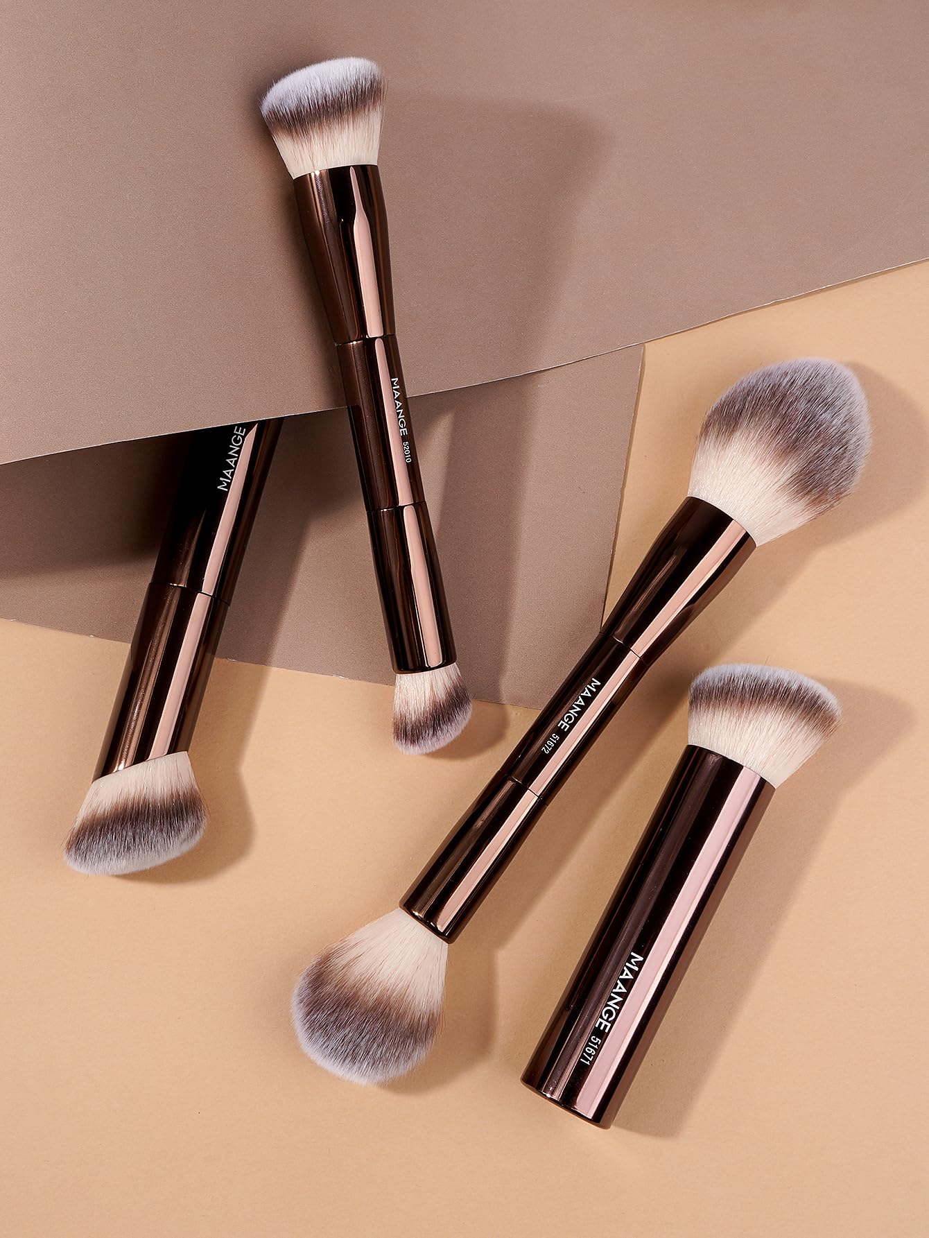 MAANGE 4 PCS Foundation Makeup Brush Set Double-ended Kabuki Brush Contour Brush for Liquid Powder Concealer Cream Cosmetics Blending Blush Face Makeup Tools Kit (Coffee)