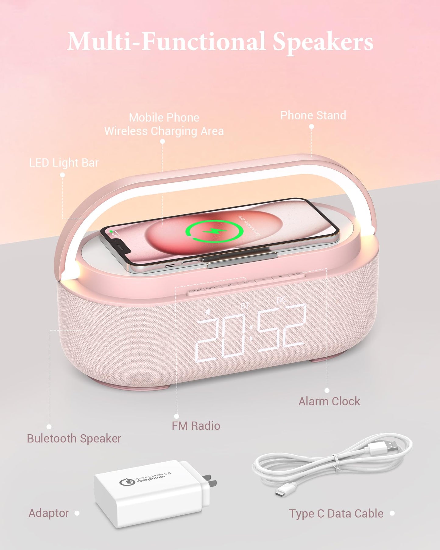 COLSUR Bluetooth Speaker with Wireless Charger, FM Radio, Dimmable LED Night Light, Dual Wireless Speakers, 2500mAh Portable Speaker for Home Decoration, Bedroom, Office, Gift