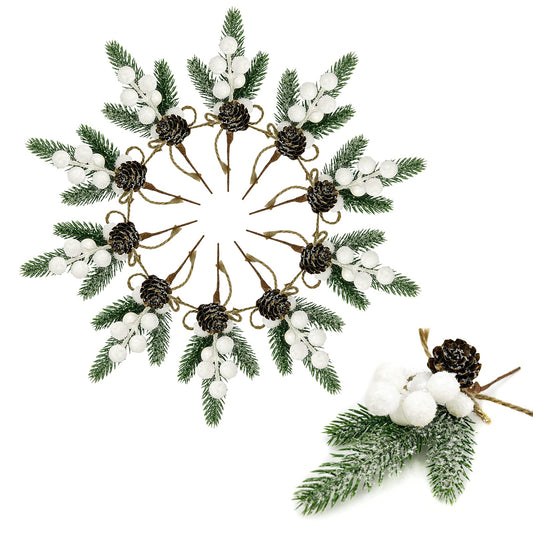 White Berry Stems Floral Pine Cones 10PCS Christmas Artificial Pine Branches Evergreen Berries Branch White Holly Spray Wreath Picks for DIY Craft Christmas Winter Décor