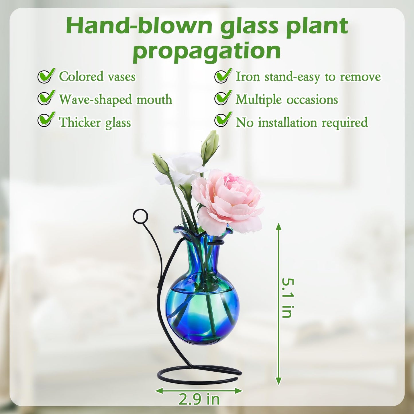 Pozfun Hand Blown Glass Plant Propagation Station with Metal Stand and Photo Holder,Tabletop Plant Terrarium for Propagating Hydroponic Office Garden Home Decor, Gifts for Women Plant Lover