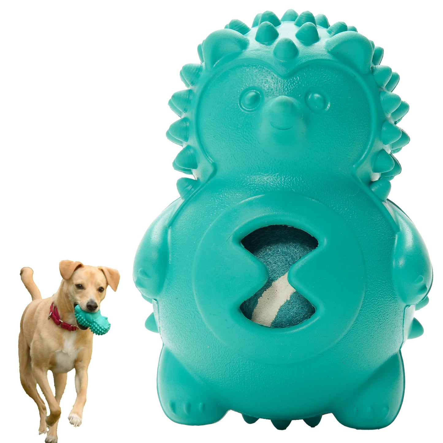 Friends Forever Squeaky Dog Toys with Tennis Ball, Tough Dog Chew Toys, Interactive Puppy Toy with Natural Rubber, Teal Hedgehog