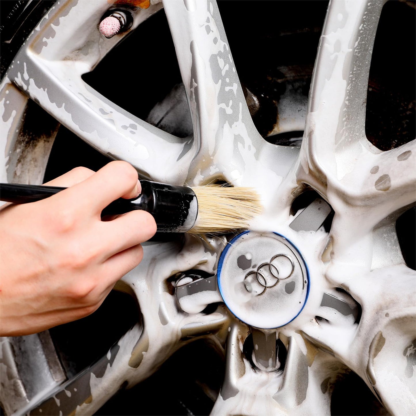 Car Detailing Brush Set, 4 PCS Soft Boars Hair Auto Interior Cleaning Detail Brushes, Perfect for Safely Cleaning Emblem Air Vent, Leather Seats, Washing Wheels, Tires, Engine Bay, Car Detailing Kit