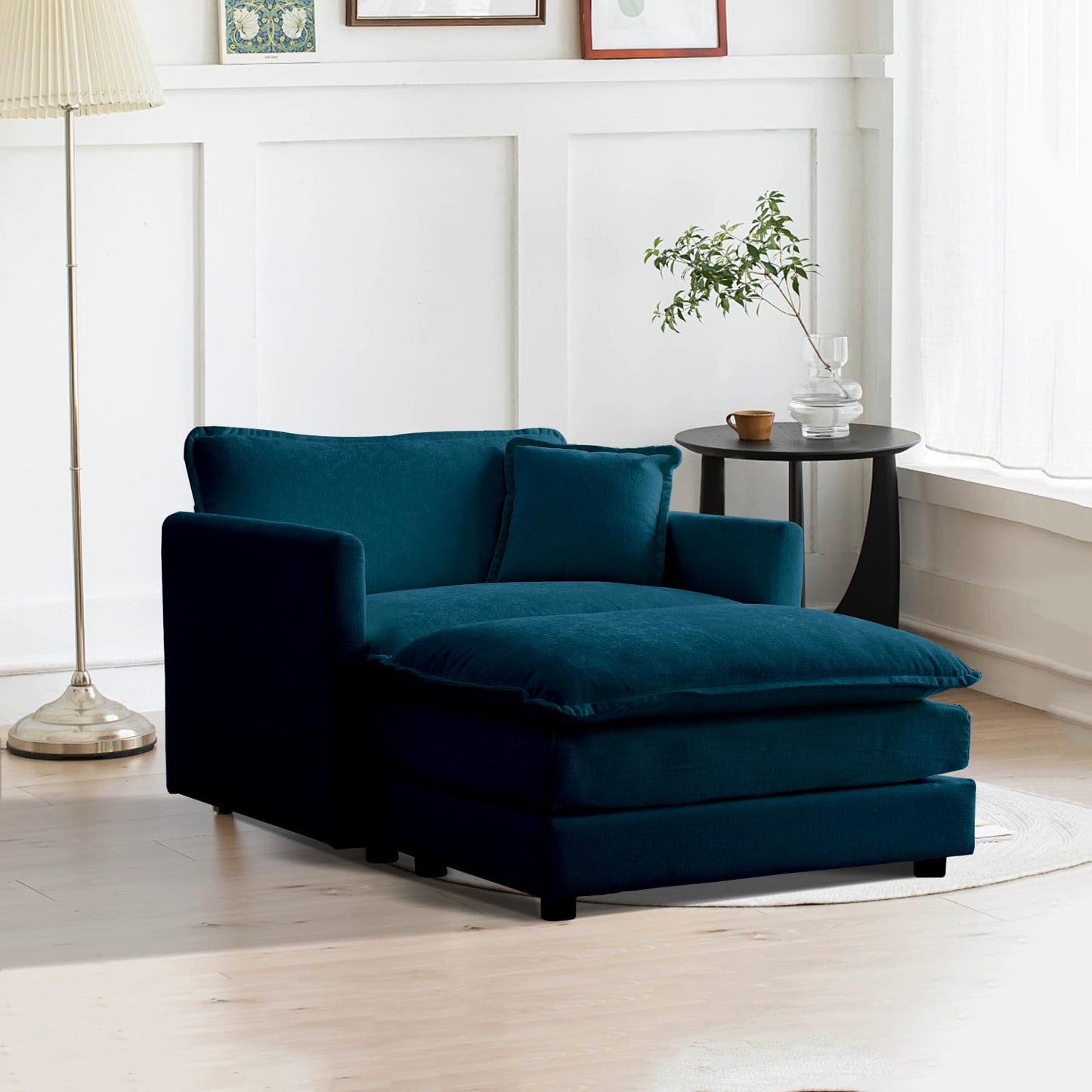 Oversized Chaise Lounge Chair Indoor, Chenille Upholstery Cloud Sectional Sofa, Minimalist Modular Sleeper Couch Bed Including Single Club Armchair & Ottoman for Liviing Room Apartment Office