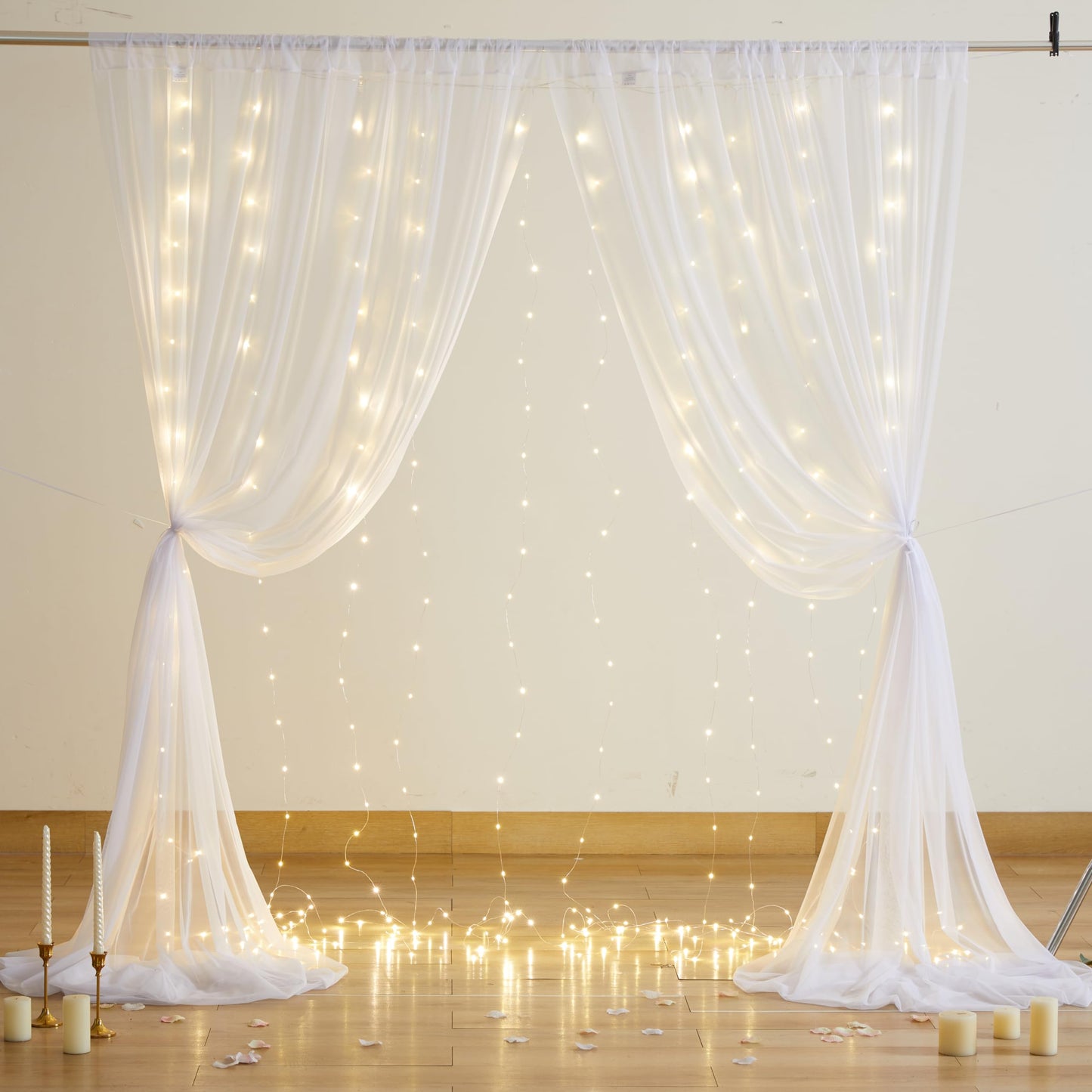 White Sheer Curtains with Lights String Tulle Curtain for Living Room Bedroom Parites Wedding Birthday Decorations 2 Panels 60" Wｘ84 L