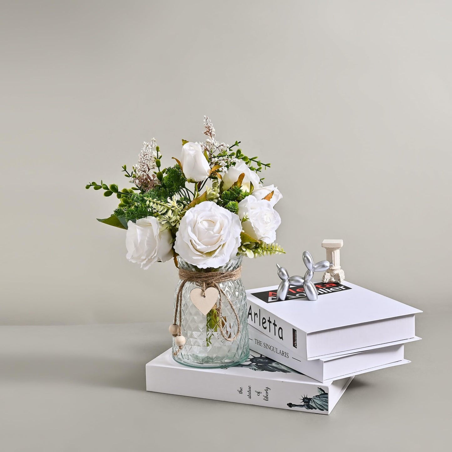 Flojery 2 Packs Faux Flowers in vase,Fake Flowers with Vase, Artificial Silk Roses in Vase, Artificial Flowers in Vase, Faux Flower Arrangement with Vase for Farmhouse (White with vase)