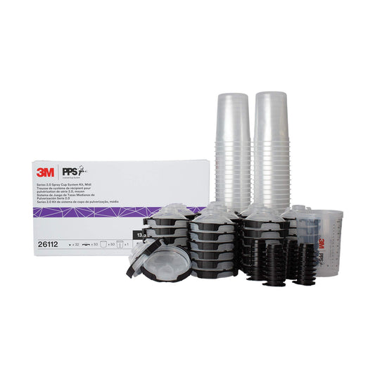 3M PPS 2.0 Spray Gun Cup, Lids and Liners Kit, 26112, Midi, 13.5 Ounces, 200-Micron Filter, Use for Cars, Furniture, House and More, 1 Paint Cup, 50 Disposable Lids and Liners, 32 Sealing Plugs