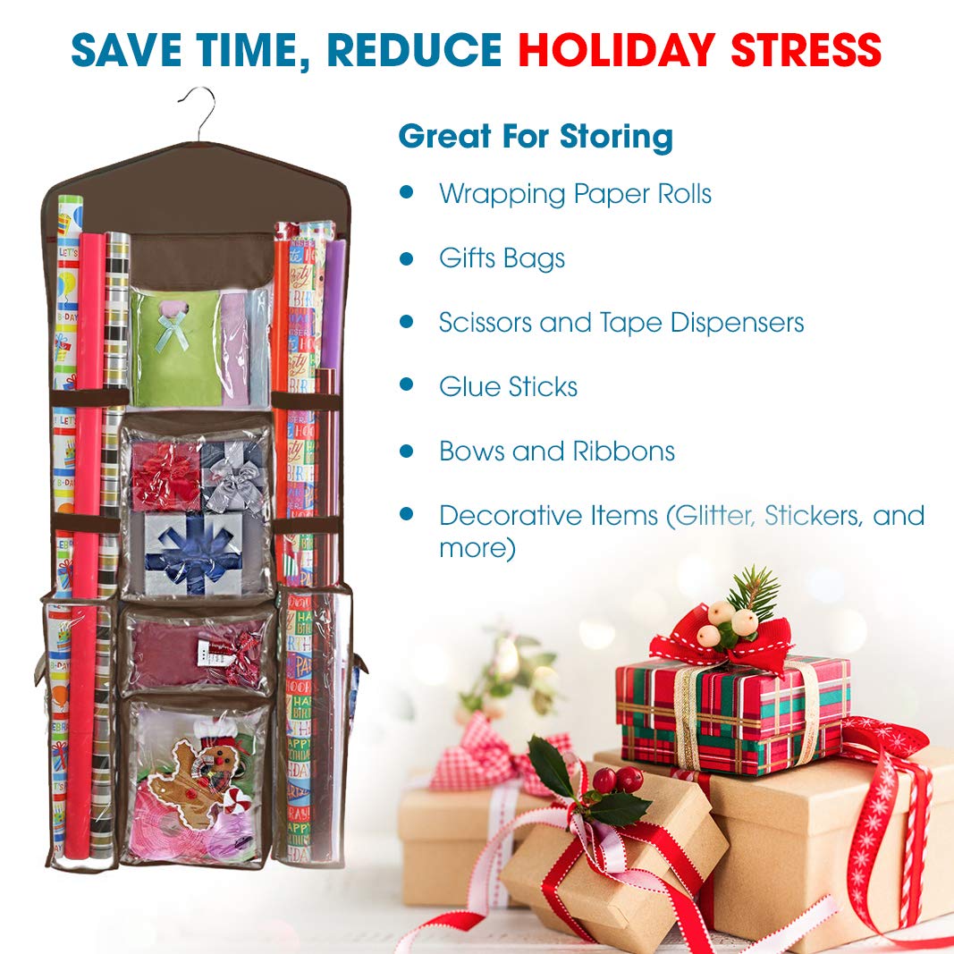 ProPik Hanging Double Sided Wrapping Paper Storage Organizer with Multiple Pockets, Organize your Gift Wrap, Gift Bags, Bows, Ribbons 40"X17" Fits 40 Inch Rolls Clear PVC Bag (Brown)