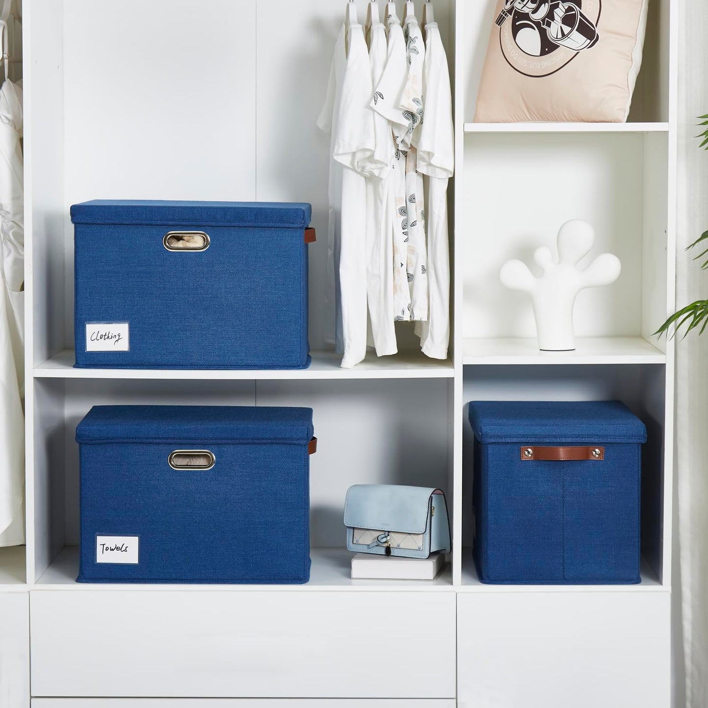 Roobyl 17" Large Collapsible Storage Bins with Lids, Stackable Closet Organizers with PU Handle and Labels, 3-Pack Decorative Fabric Storage Boxes for Home, Bedroom, Closet, Office, Nursery(Navy)