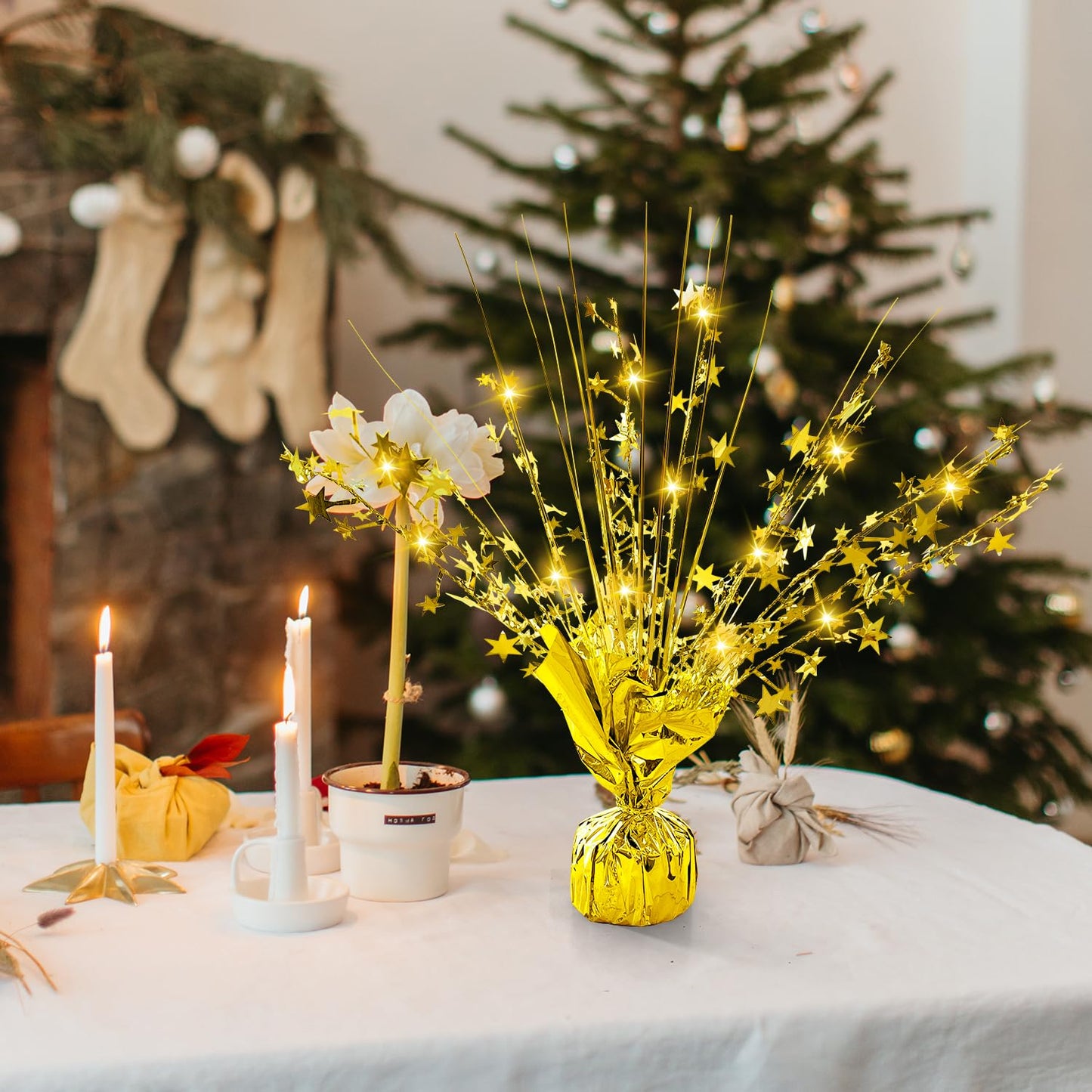 12 Pack Metallic Foil Spray Centerpiece with LED String Lights Star Table Decoration Burst Table Centerpieces for Birthday Graduation Wedding Anniversary Holiday Party Supplies Decor, Gold