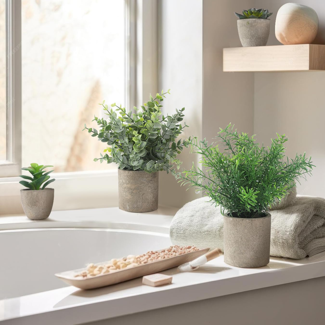 ALAGIRLS 4 Packs Fake Plants Small Artificial Plants Indoor Eucalyptus Rosemary Succulents Plants Potted Faux Plants for Home Indoor Office Bathroom Living Room Decor