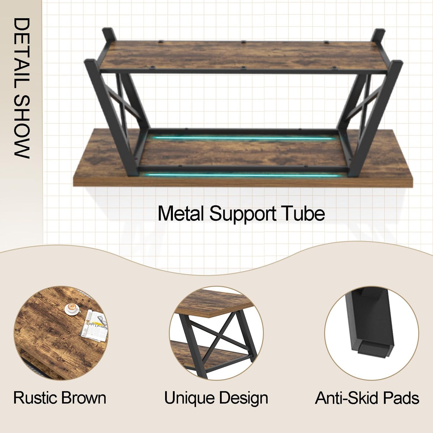 EXCEFUR Modern Coffee Table, Wood and Metal Living Room Center Table with Storage Shelf, Industrial Rectangle Cocktail Tea Table, Rustic Brown, 47 Inch