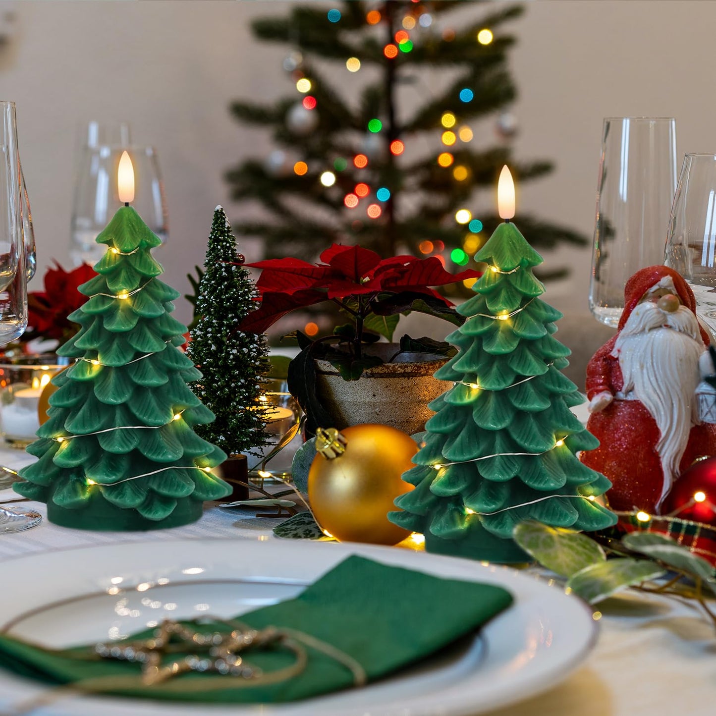 KunSwenn Christmas Tree Candles, 2 Pack Christmas Taper Candles with Remote Timer, Real Wax LED Flameless Taper Candlesticks Battery Operated with String Light for Christmas Decorations