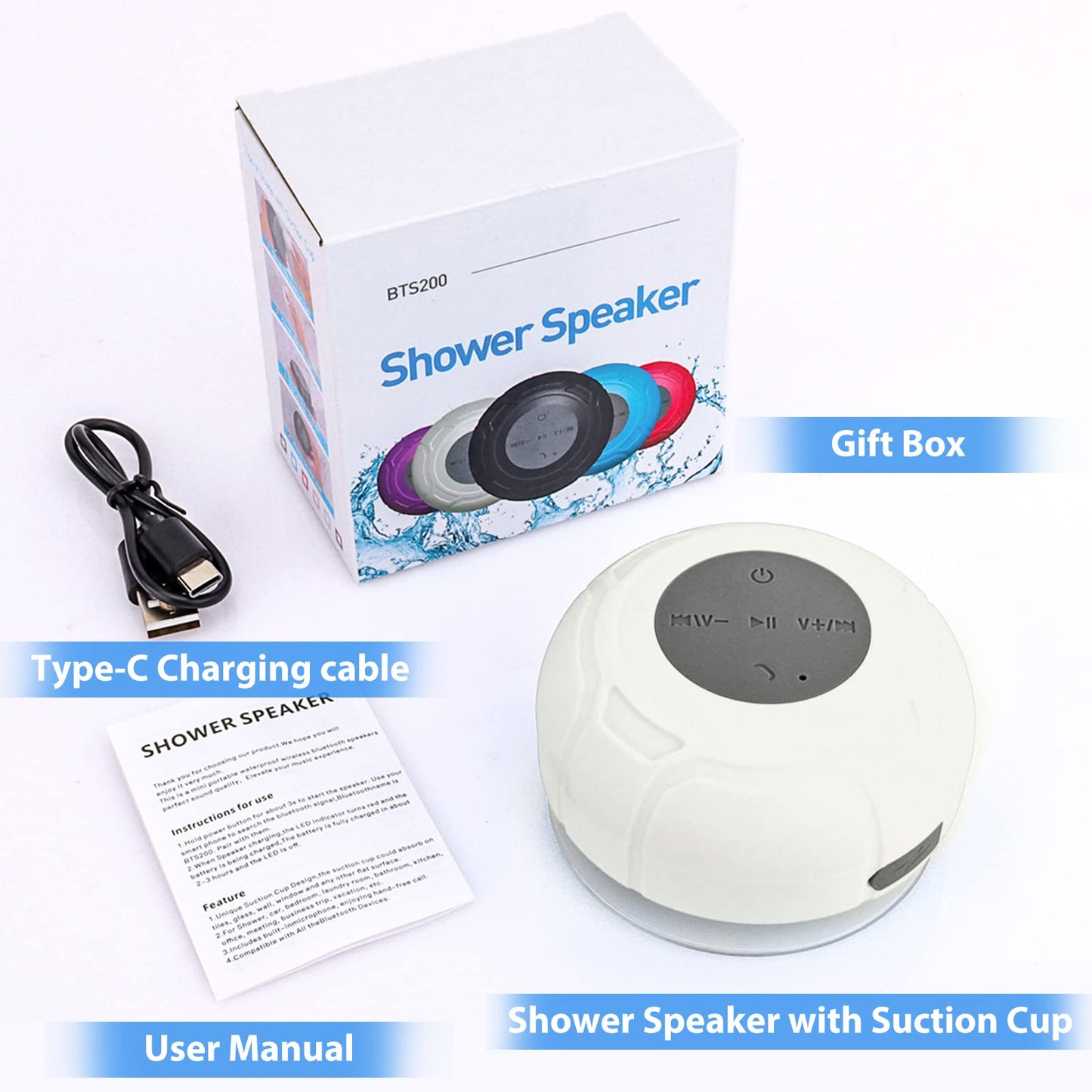 Annlend Waterproof Bluetooth Shower Speaker Portable Wireless Water-Resistant Speaker Suction Cup,Built-in Mic Gifts for Kids Speakerphone for iPhone Phone Tablet Bathroom Kitchen - White