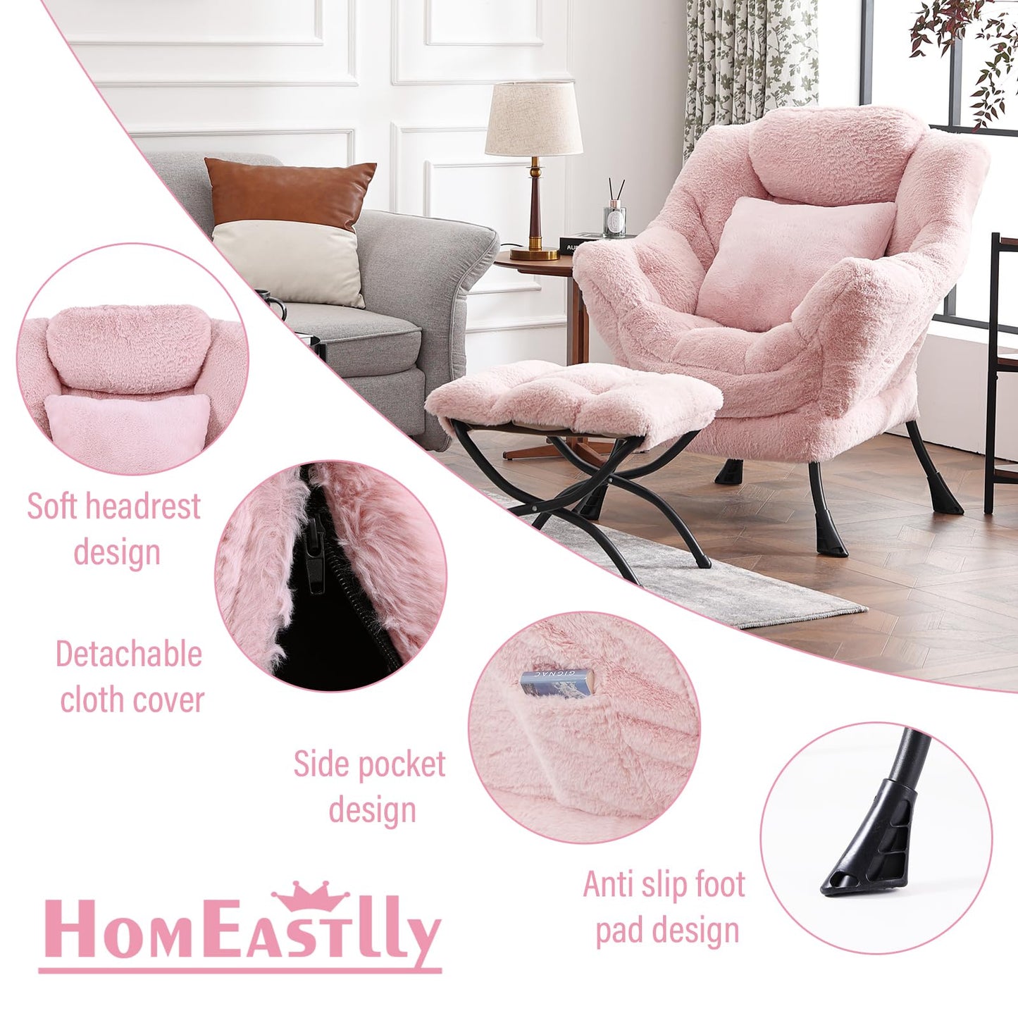 HomEastlly Large Lazy Chair with Ottoman, Accent Reading Chair with a Throw Pillow, Cozy Lounge Chair with Armrest, Leisure Sofa Chair for Living Room, Bedroom, Dorm, Plush Pink