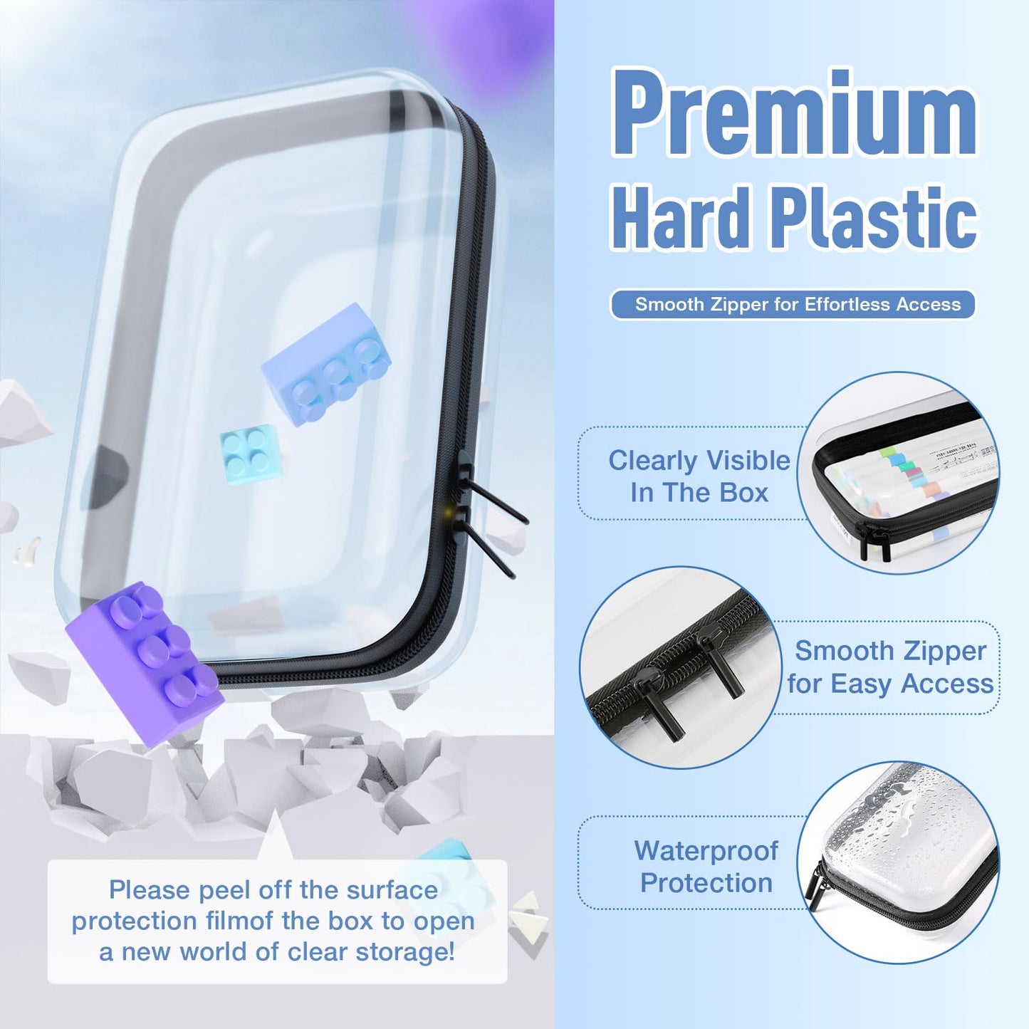 Mihkiom 2Pcs Clear Hard Shell Zipper Case, BIiss Plastic Bins for Organizing, Clear Zipper Pouches Makeup Case & Lidded Storage Bins Organizer for Storage Cosmetics, Puzzles, 8.7 x 6.3 x 2.4 Inch