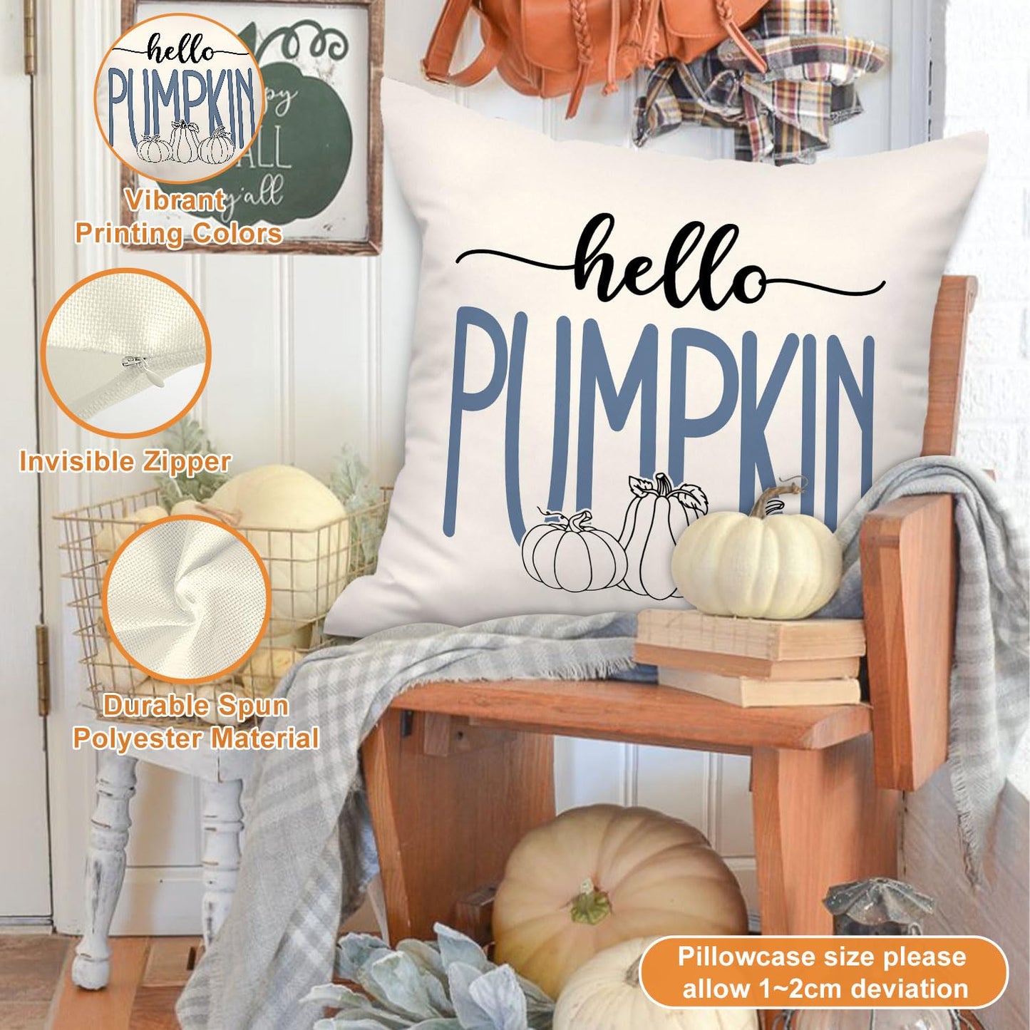 Ywlake Blue 18x18 Throw Fall Pillow Covers Set of 4, Maple Leaf Pumpkin Decorative Holiday 18 x 18 Autumn Cushion Covers Thanksgiving Pillow Case for Indoor Home Bedroom Couch Sofa Decor