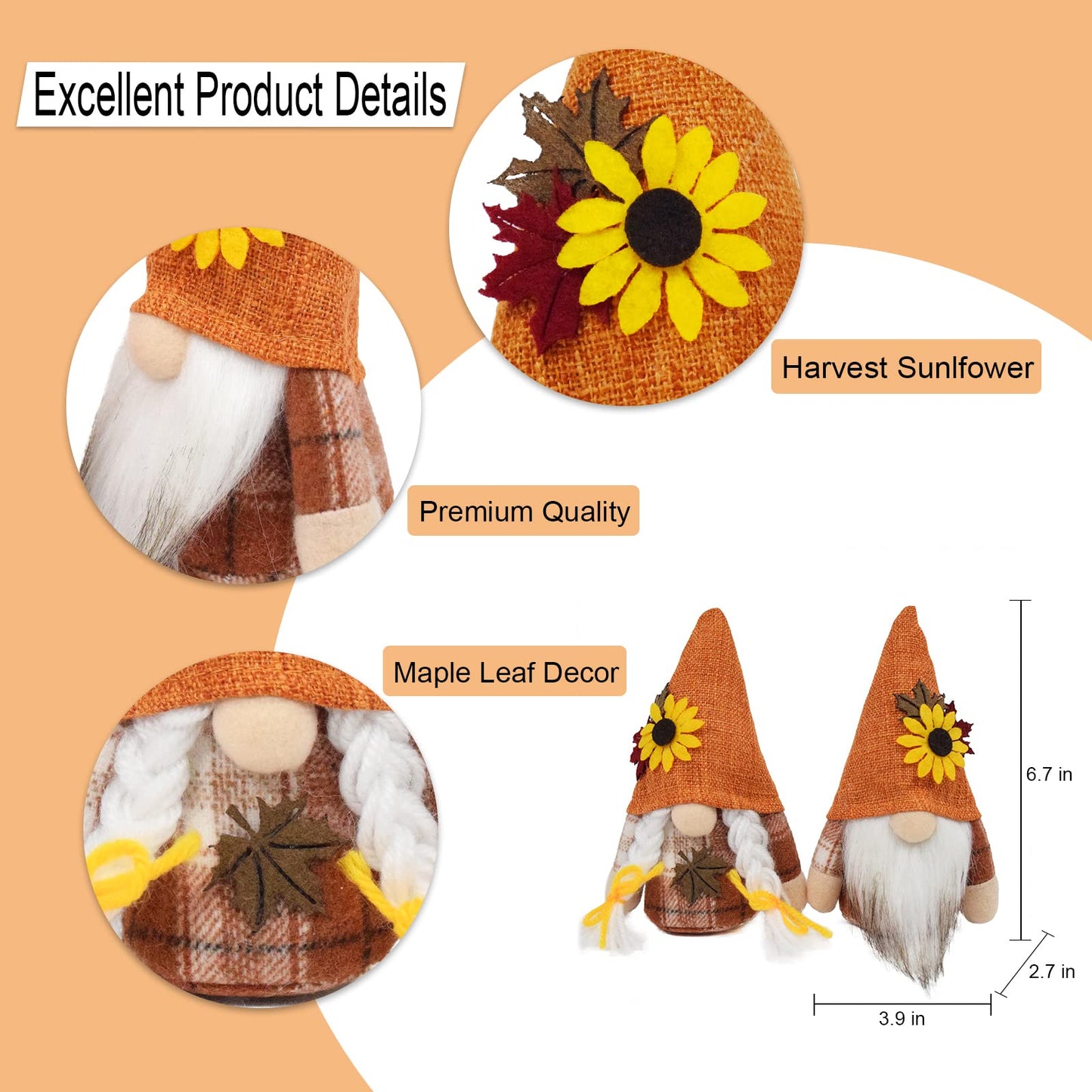 Vytina 2 PCS Autumn Gnomes Fall Decoration Harvest Thanksgiving Handmade Scandinavian Tomte Tiered Tray Decor Maple Leaf Sunflower Gnome Plush Festival Home Decor