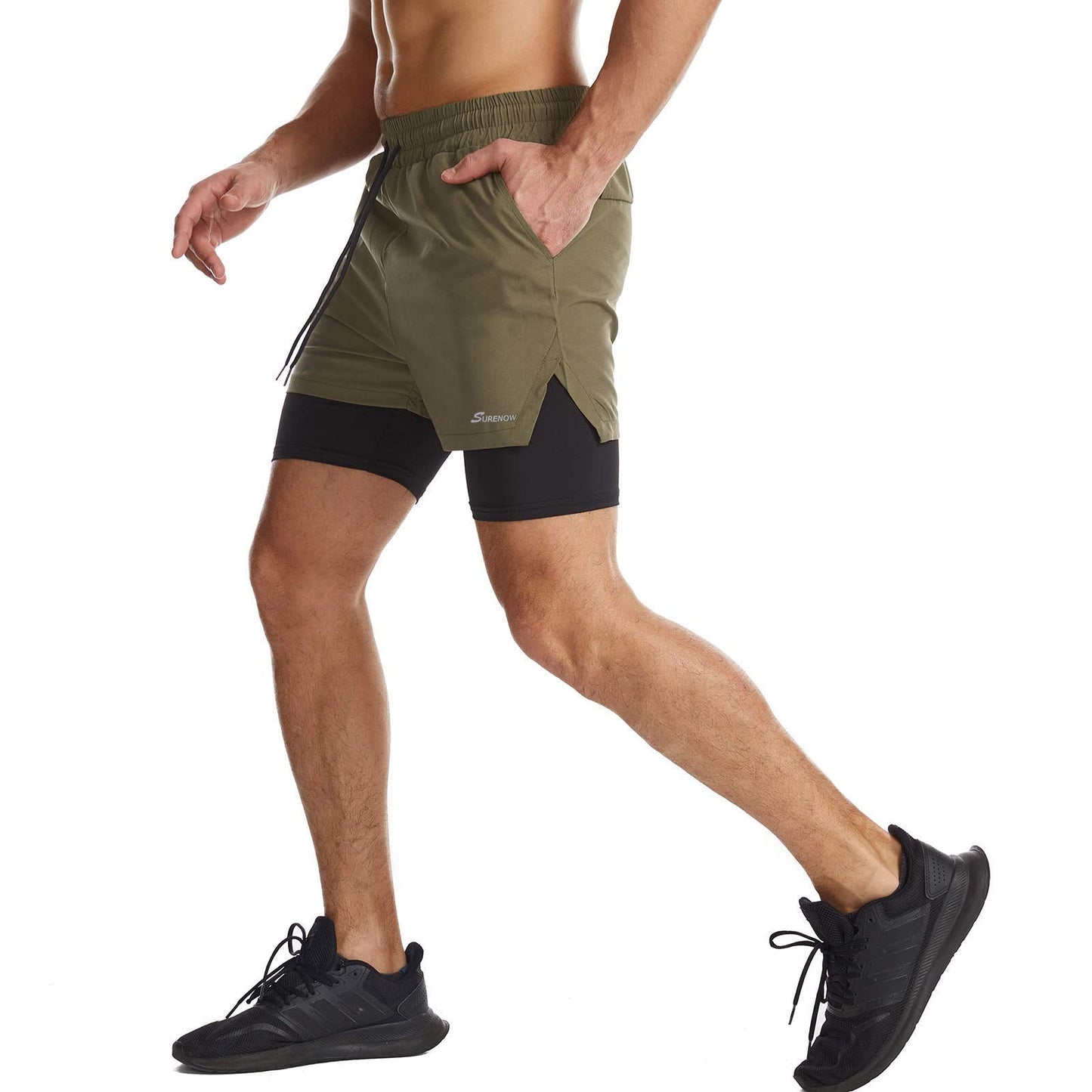 Surenow Mens 2 in 1 Running Shorts Quick Dry Athletic Shorts with Liner, Workout Shorts with Zip Pockets and Towel Loop Green