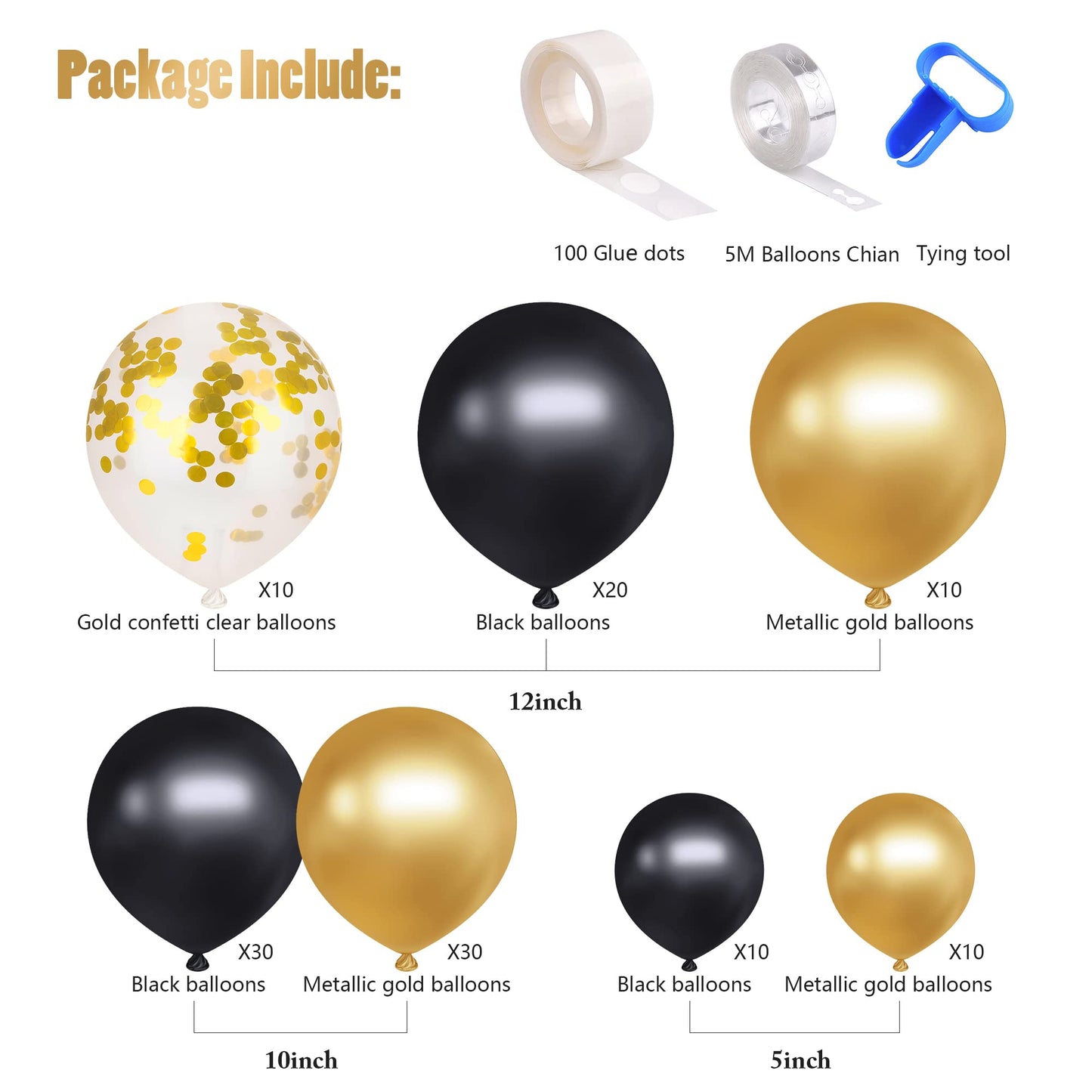 CANREVEL 120pcs Black and Gold Balloons Confetti Metallic Black Gold Latex Balloons Garland kit for Birthday Graduation Wedding Anniversaries Bachelorette Party Decorations