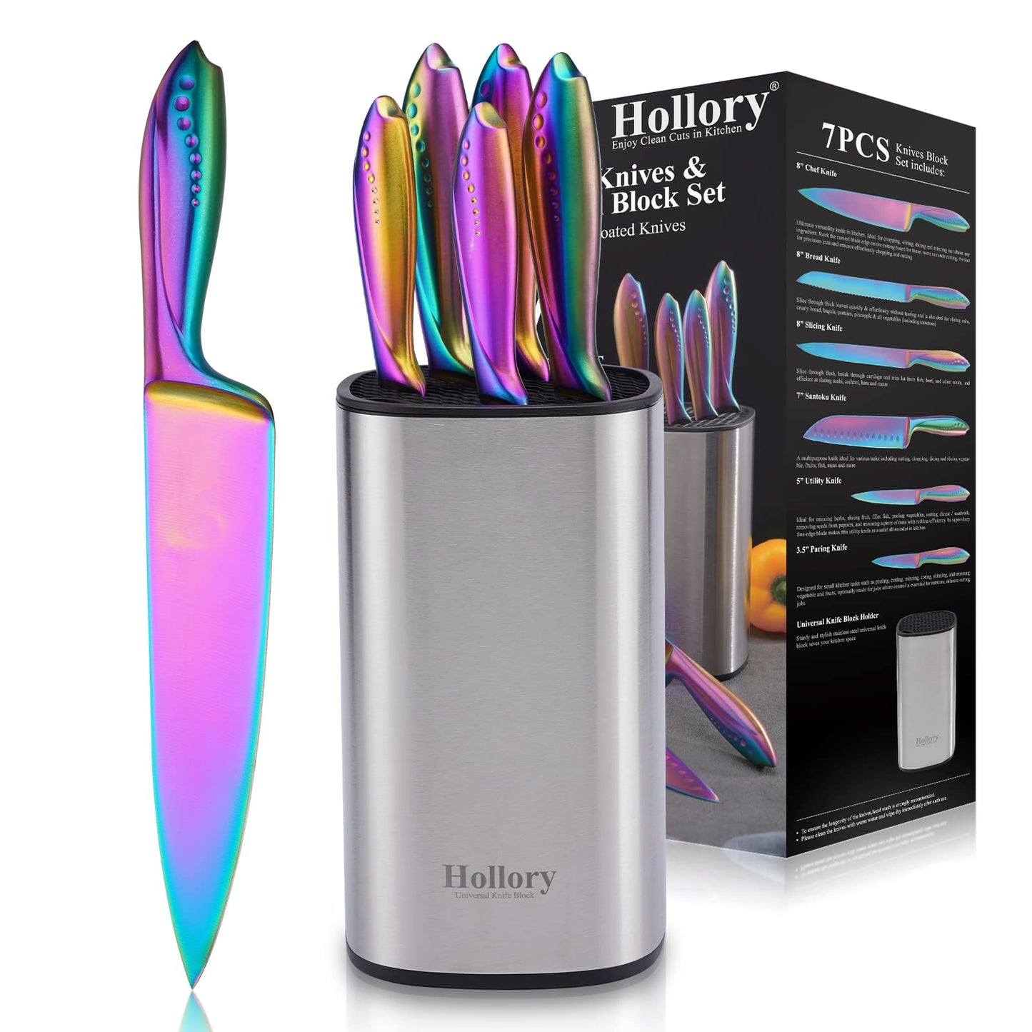 Rainbow Knives Block Set 7 Pieces, Iridescent German High Carbon Stainless Steel Kitchen Knives Pack with Universal Knife Holder