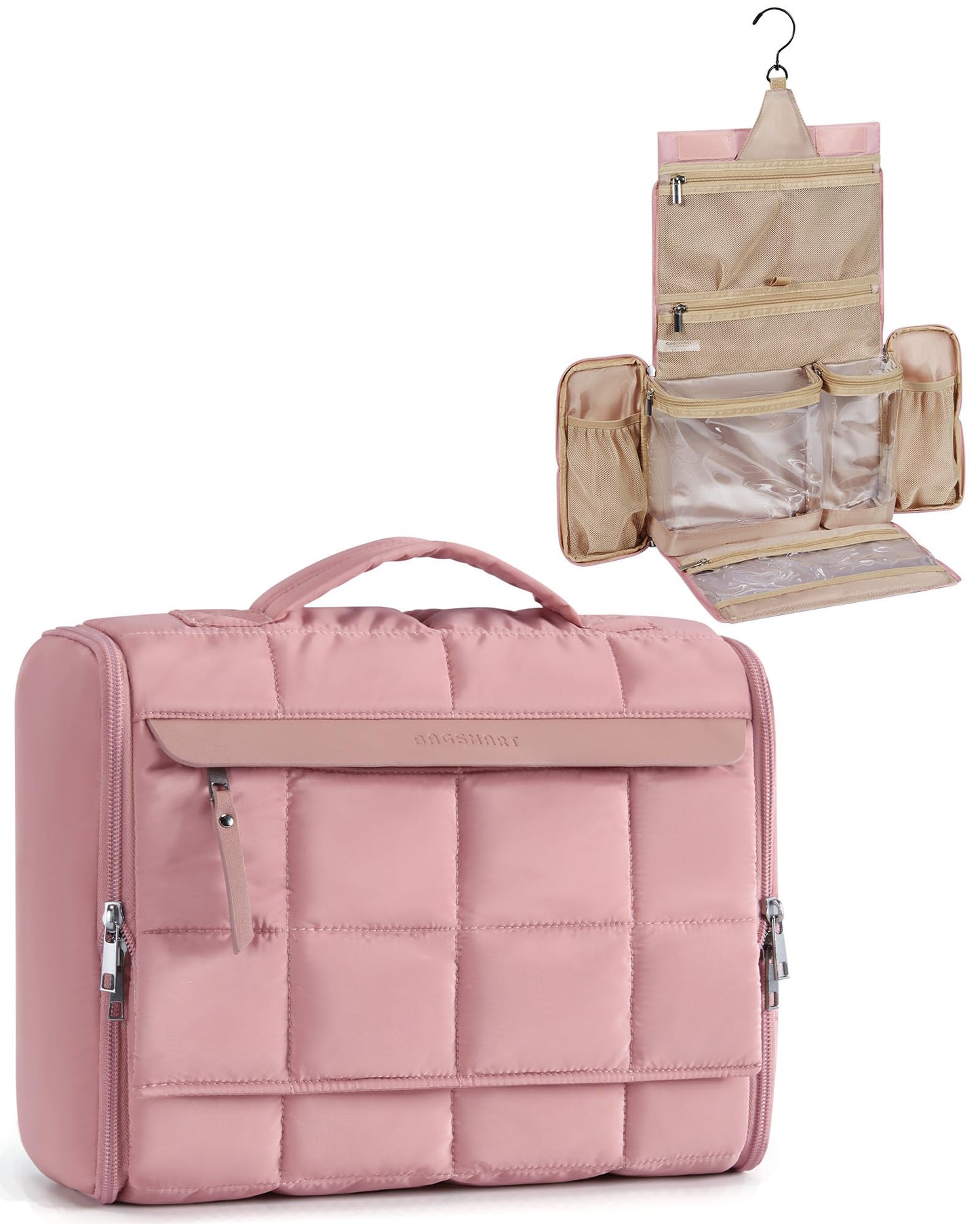 BAGSMART Travel Toiletry Bag, Extra Large Full-open Hanging Toiletry Bag for Women, Puffy Cosmetic Makeup Bag Organizer with Handle for Accessories, Essentials, Toiletries (Dark Pink)