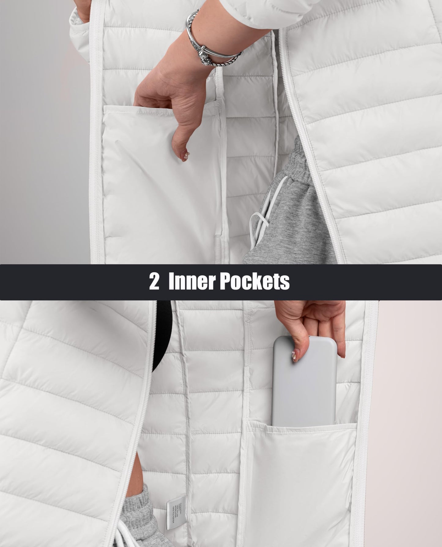 MAGCOMSEN Women's Puffer Jacket Ultra-lightweight Quilted 4 Pockets Full Zip Stand Collar Jackets Winter Warm Coat, White S