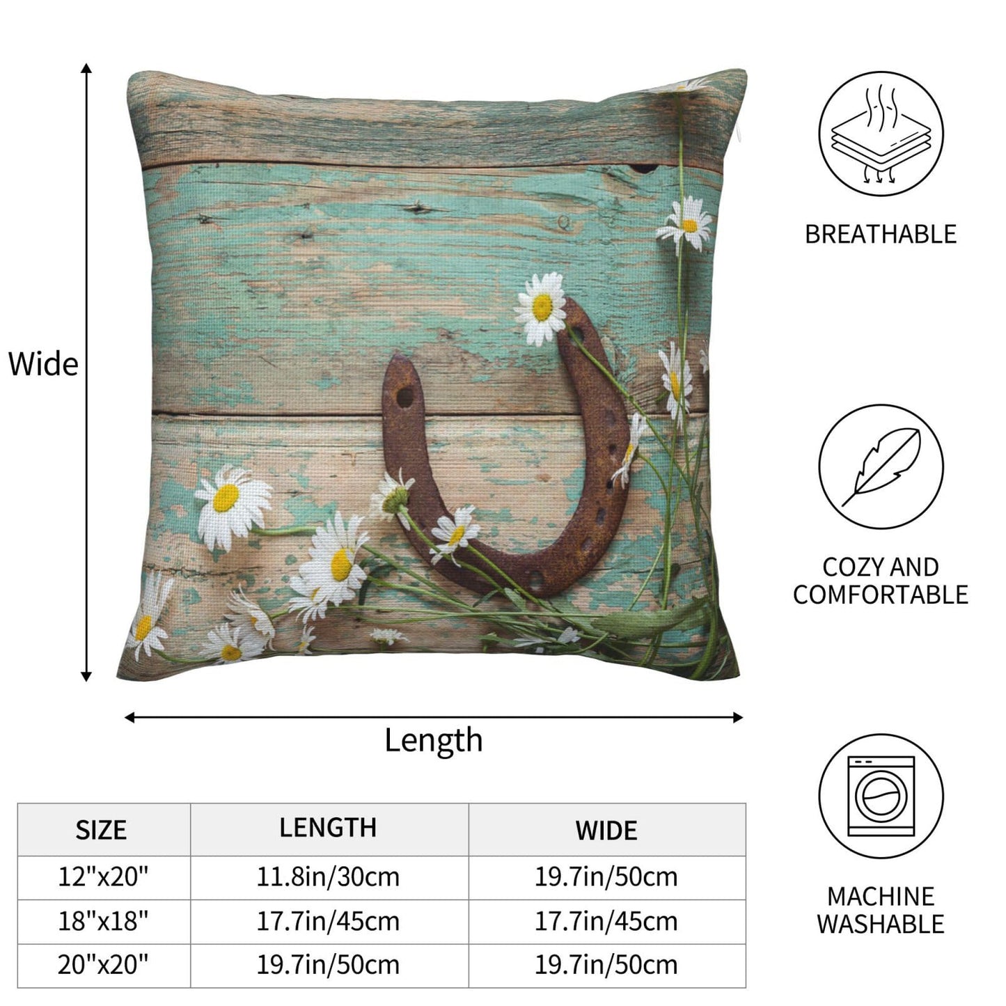 VIREOTHIA Teal Wooden Country Pillow Covers 18x18 Set of 2 Rustic Decorative Throw Pillow Cover Western Horseshoe Daisy Square Pillowcases Cushion Covers for Couch Bed Sofa Decor