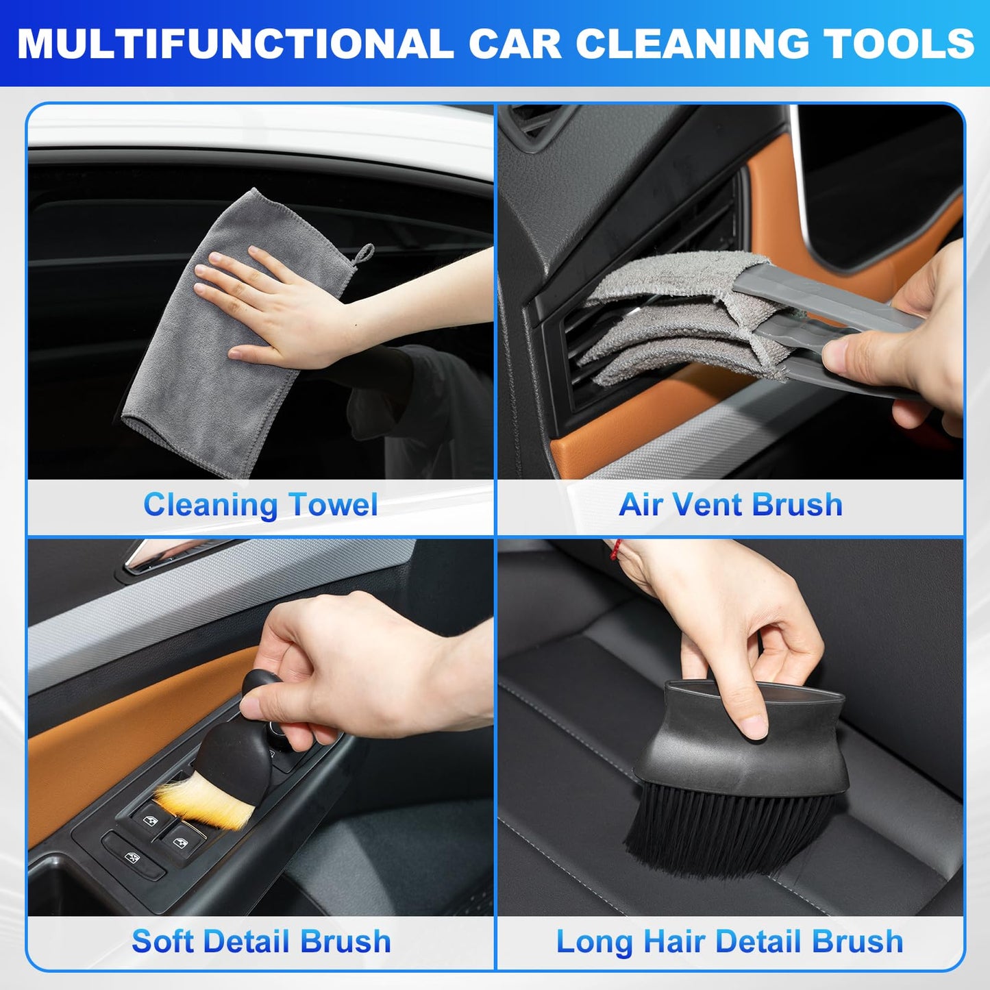 THINKWORK Windshield Cleaner Tool, Car Interior Cleaning Kit, Car Detailing Kit Interior Cleaner with10Pcs Detailing Brush Set, Gray Auto Detailing Supplies & Accessories