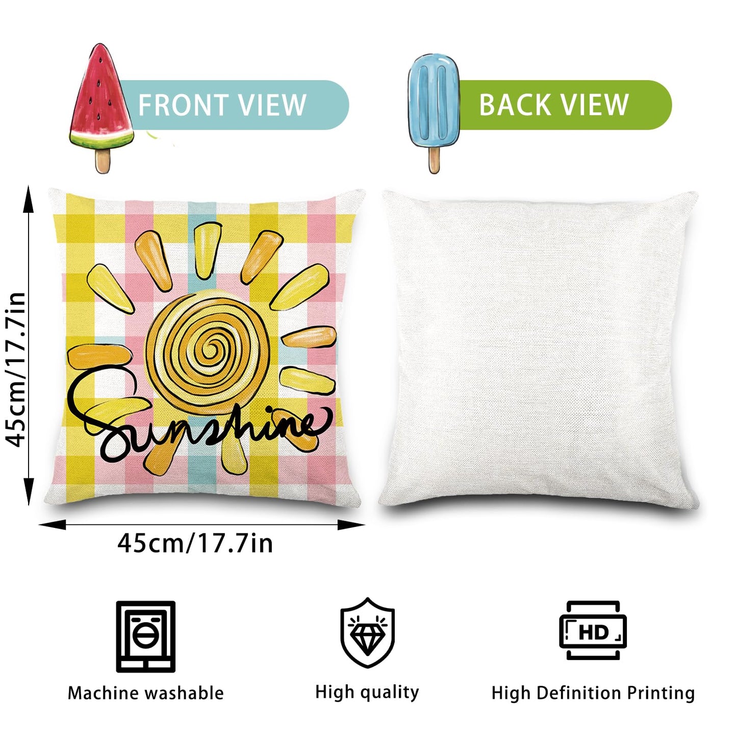 Vellibring Summer Pillow Covers 18x18 Happy Summer Throw Pillow Covers Hello Sunshine Ice Cream Pillow Covers for Farmhouse Decoration Indoor Outdoor Home Decor