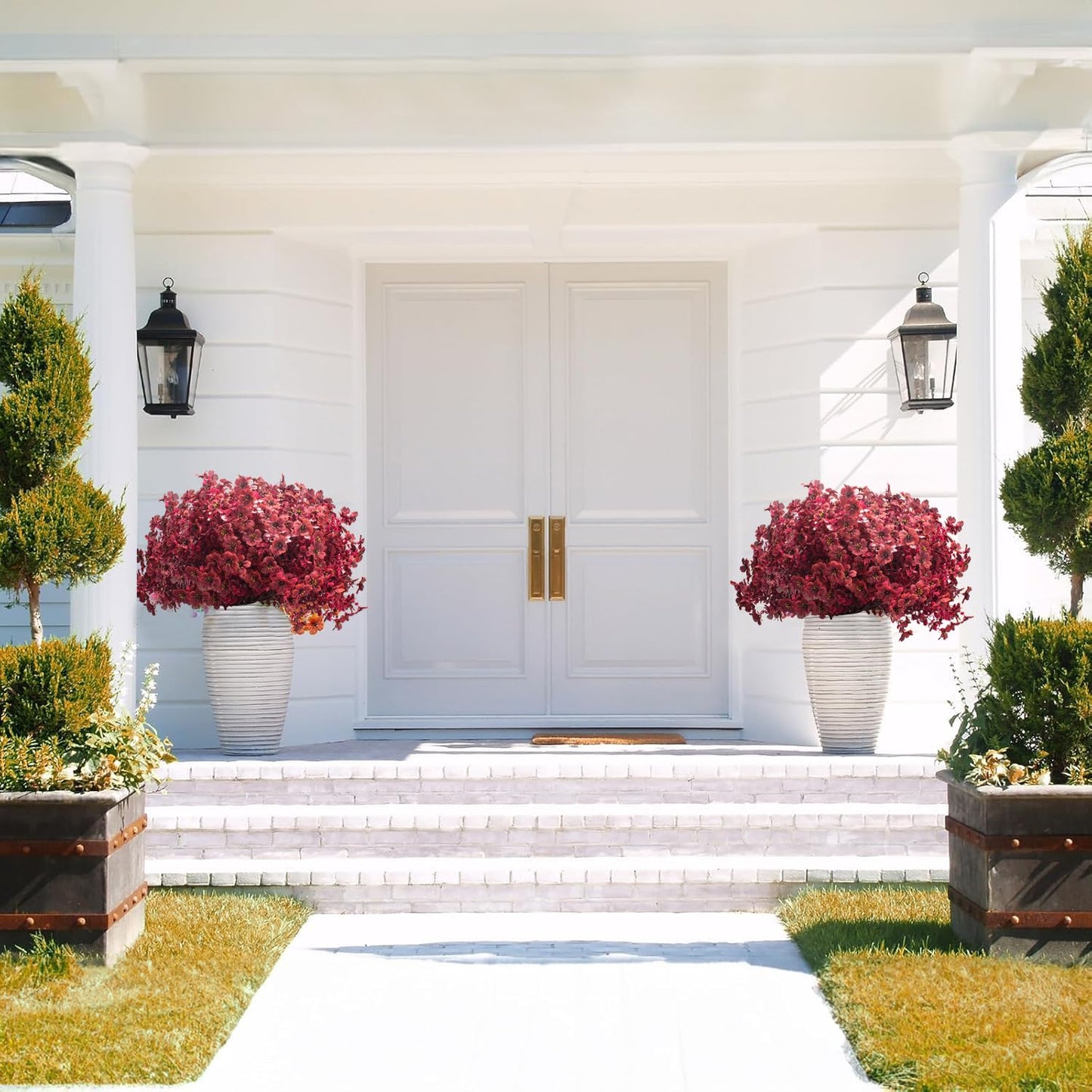 16 Bundles Artificial Boxwood Flowers Outdoor UV Resistant, 13.5" Fall Faux Greenery for Porch Planters Thanksgiving Decor - Fake Plants for Garden, Fireplace, Front Door(Wine Red)