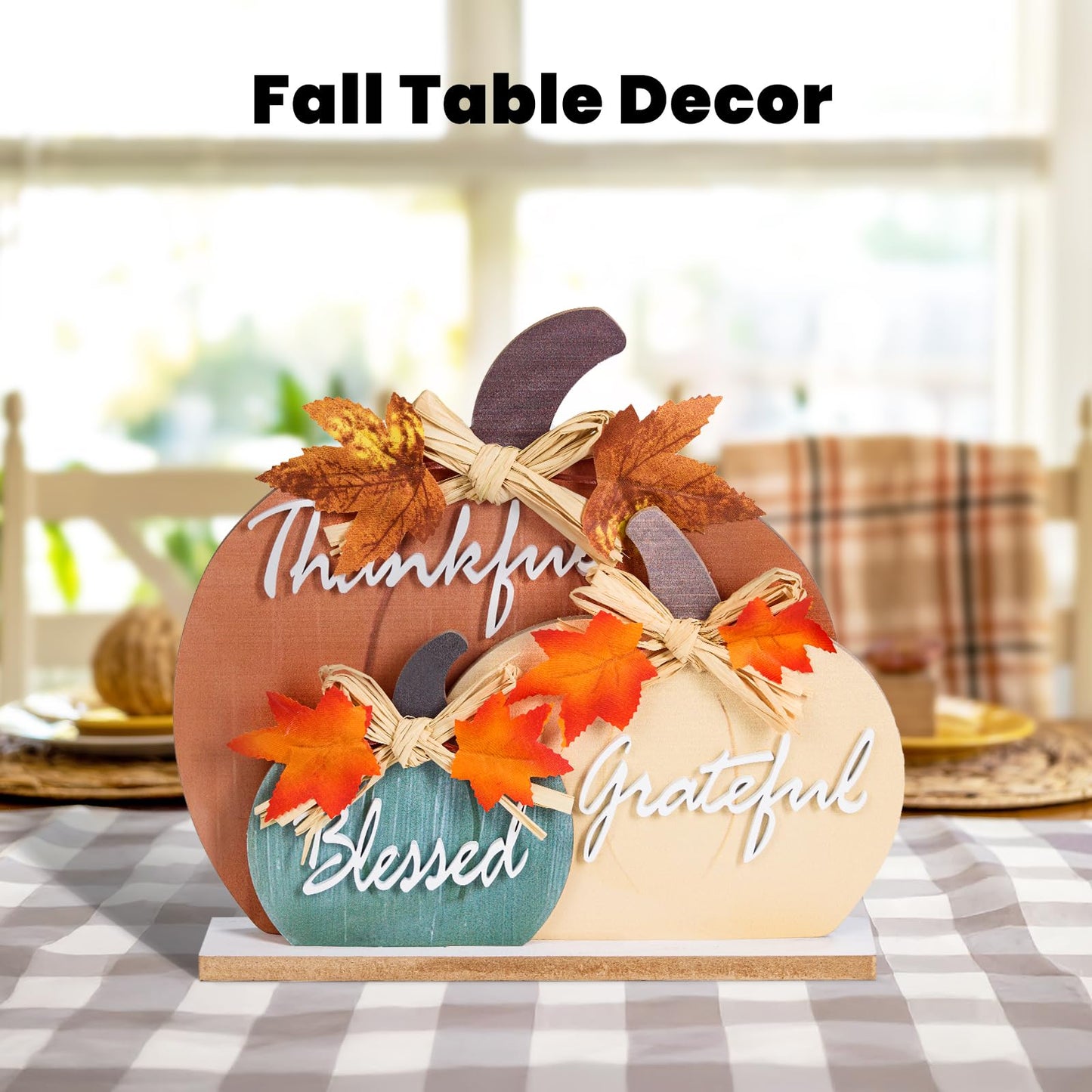 LXDNBGO Fall Decorations for Home, Farmhouse Wooden Pumpkin Decor for Autumn Thanksgiving, Blessed Grateful Thankful Decorative Pumpkin Sign for Table, Office Desk, Fireplace Mantle