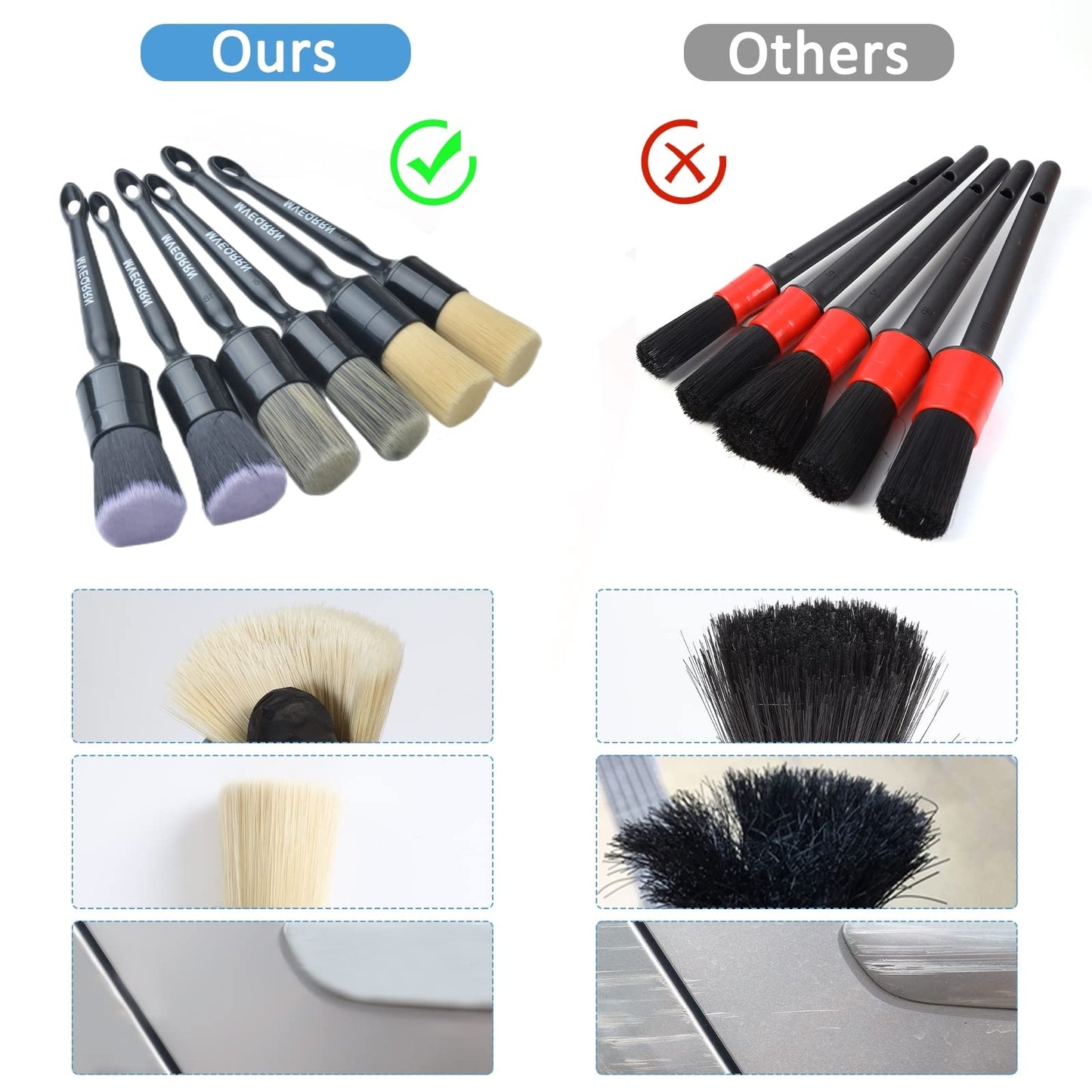 MVEQRRN 6pcs Car Detailing Brush Set-2pcs Boars Hair Car Detailing Brushes,2pcs Ultra Soft No Scratch Detailing Brush for Air Vent,Leather Seat 2pcs Detail Brushes car Detailing for Interior Exterior