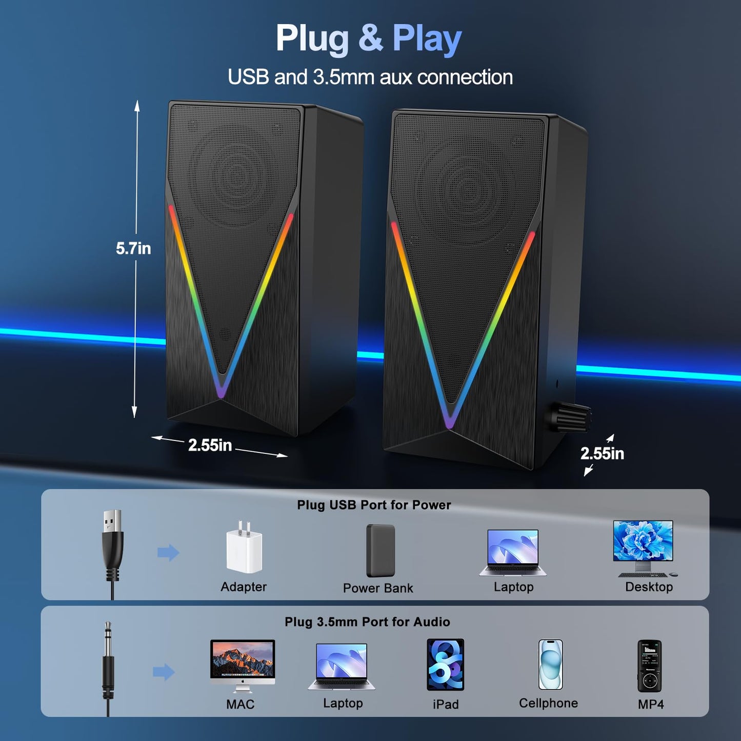 RGB Desktop Speakers with Enhanced Bass, Volume Control & 6 Colorful Lights - USB Powered & 3.5mm Aux Gaming Speakers for Laptop, PC, Tablet, Phone