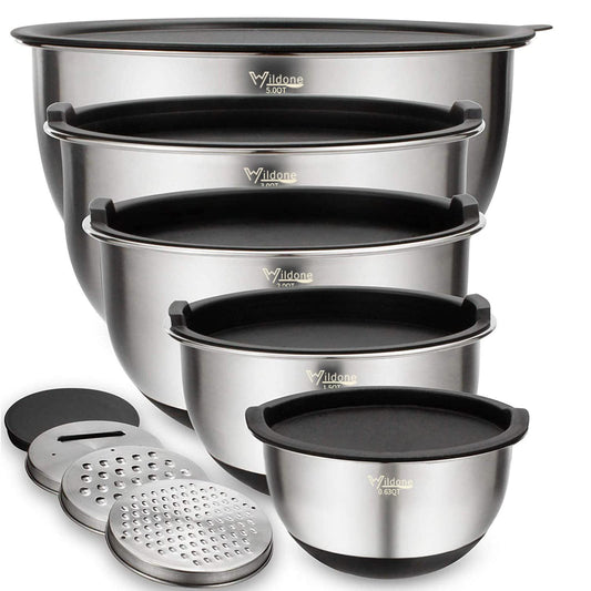 Wildone Mixing Bowls with Airtight Lids Set, 5PCS Stainless Steel Nesting Bowls for Kitchen, with Grater Attachments & Non-Slip Bottoms, Size 5, 3, 2, 1.5, 0.63 QT, Great for Mixing & Serving
