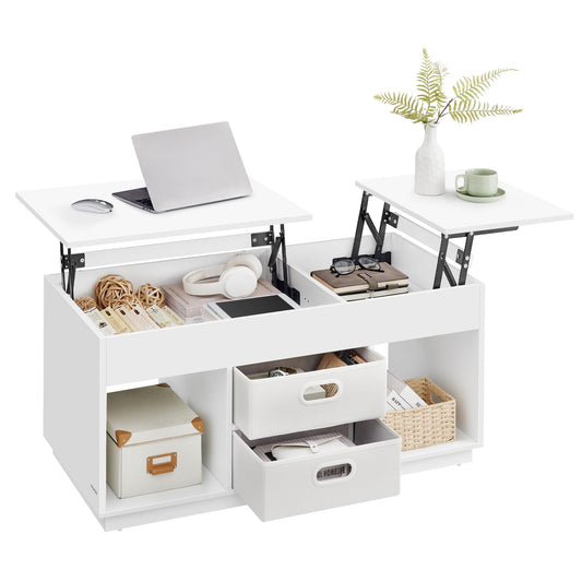 VASAGLE Coffee Table, Lift Top Coffee Table with 2 Drawers and Hidden Compartments, Center Table with Lift Tabletop, Open Compartments, for Living Room, Home Office, Snow White ULCT210W01